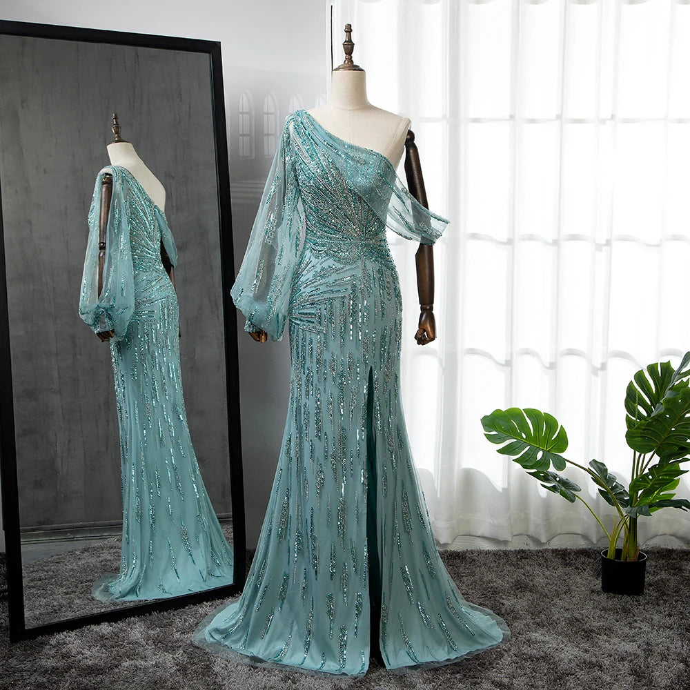 Elegant Luxury Beaded Turquoise Mermaid Evening Gown with High Split - Serene Hill Women's Party Dress LA71632 for Prom, Gala & Formal Events