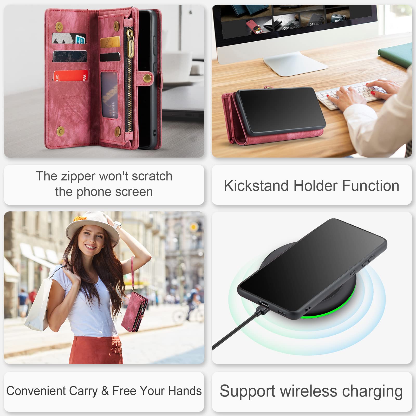 Genuine Leather Magnetic Wallet Case for Samsung Galaxy S22 2022 & S22 Ultra - Detachable Flip Cover with RFID Blocking, Card Slots & Zipper Purse | Perfect for Business, Travel & Everyday Protection (Red)
