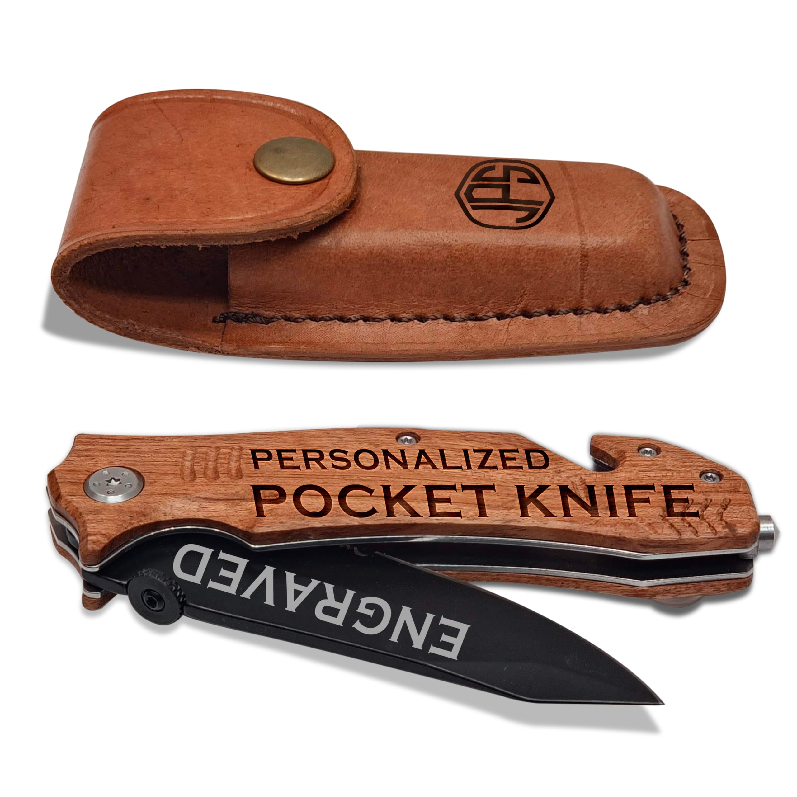 Custom Engraved Pocket Knife Set with Gift Box & Leather Sheath - Personalized Men's Gifts for Camping, Hiking, and Outdoor Adventures