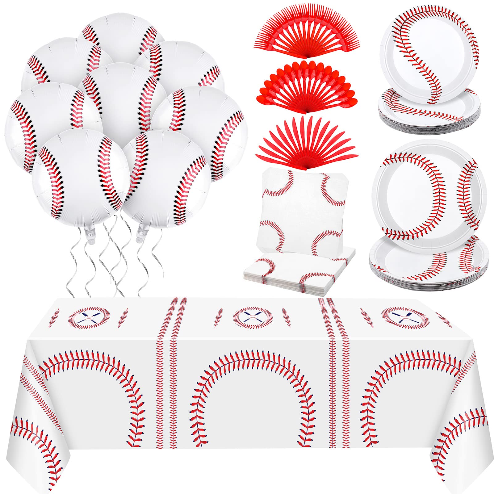 Durony 129-Piece Baseball Party Decorations Kit - Includes Paper Plates, Napkins, Tablecloths, Cutlery & Foil Balloons - Perfect for Baseball Themed Birthday Parties, Sports Events & Team Celebrations