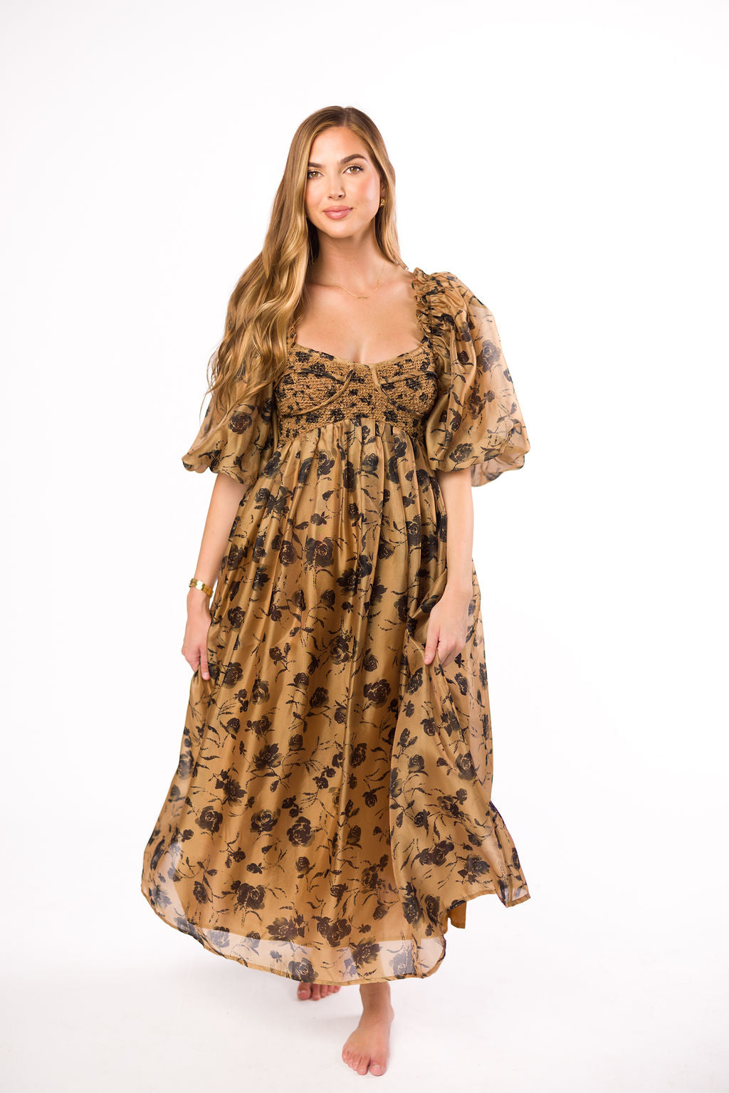 Harlow Camel & Black Floral Maxi Dress with Stretchy Neckline - Bump Friendly Maternity Dress for Women | Perfect for Pregnancy, Special Occasions & Everyday Wear (Restocking Early Fall)