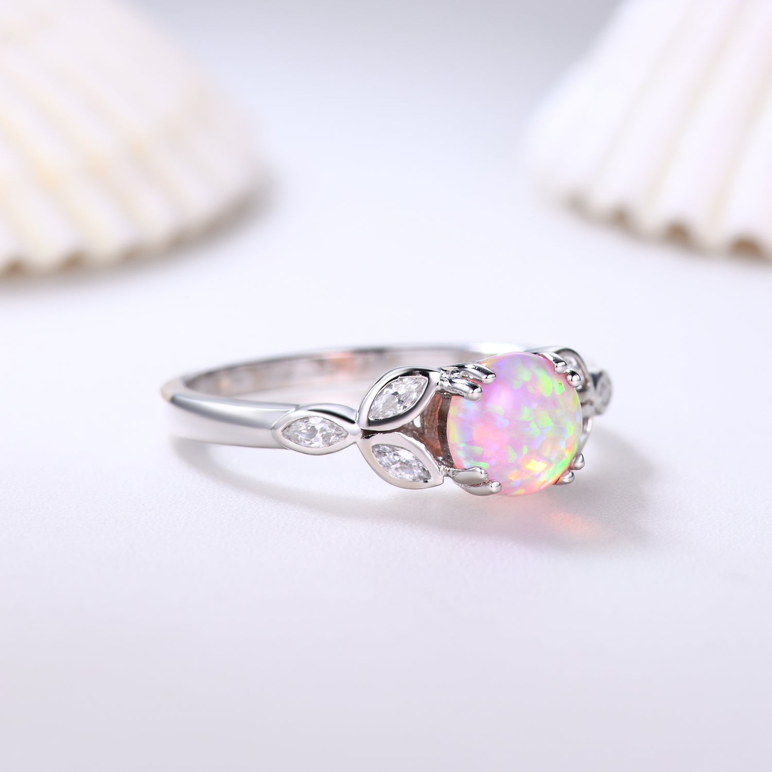 Seven Stones Pink Opal & Marquise Moissanite Engagement Ring in 14K White Gold - Perfect for Proposals, Anniversaries & Bridal Jewelry