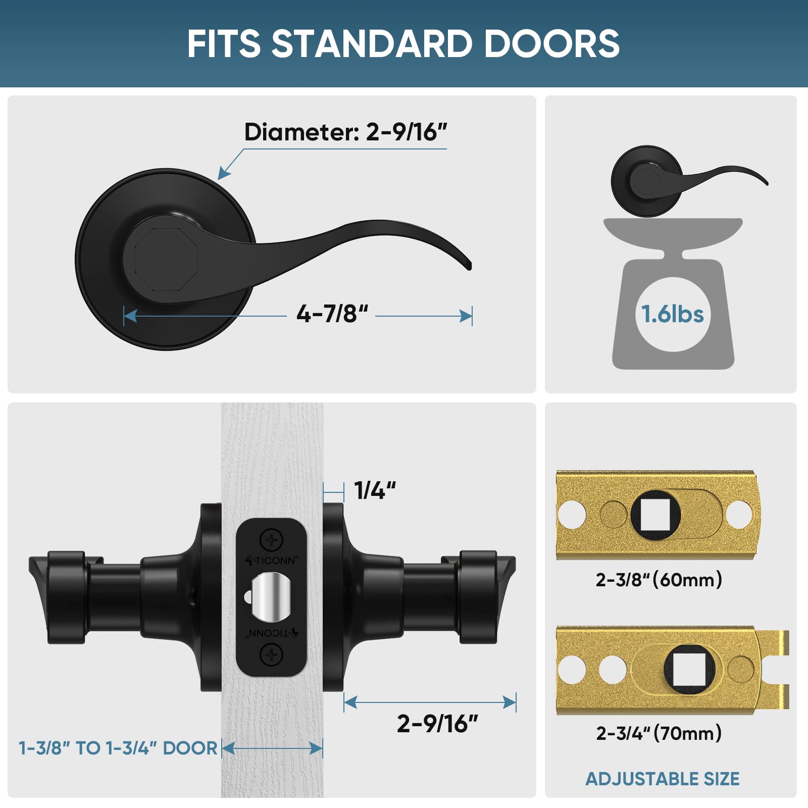 TICONN Reversible Door Lever - Matte Black for Interior & Closet Doors | Home & Office Use