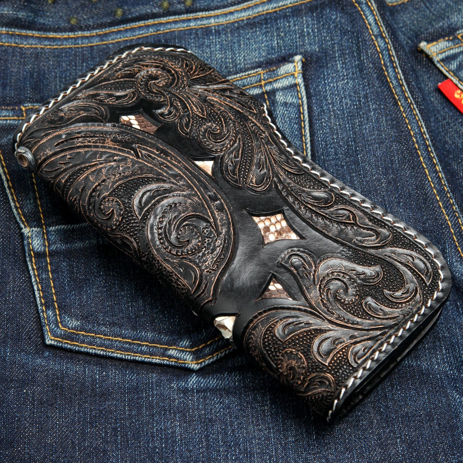 Skull Carved Genuine Leather Large Biker Wallet for Men - Premium Motorcycle Wallet with RFID Protection - Perfect for Bikers, Riders & Motorcycle Enthusiasts