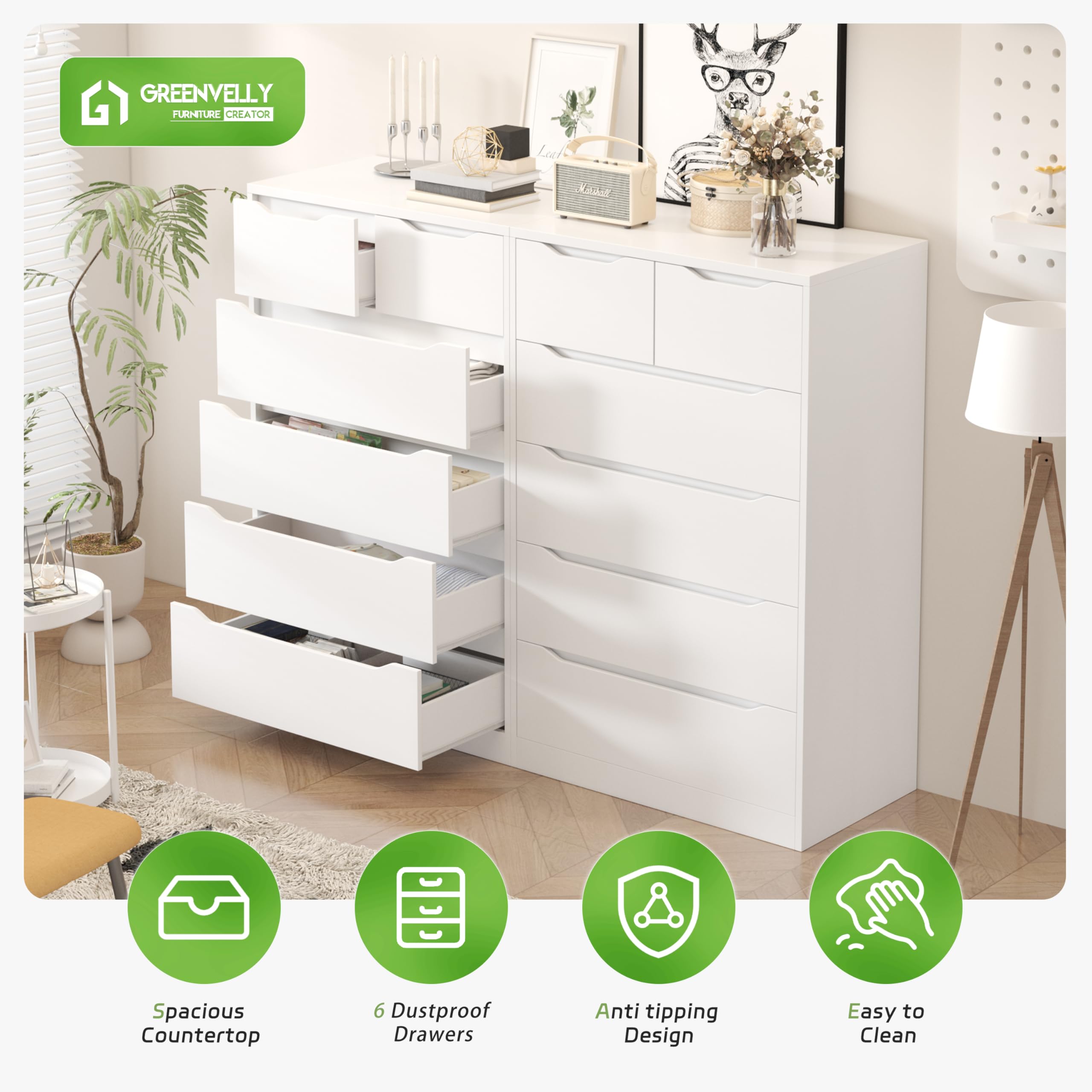 Greenvelly White 6-Drawer Wood Dresser for Bedroom - Tall Wooden Chest of Drawers with Smooth Metal Rails - Perfect for Nursery, Women's Clothing Storage & Family Organization