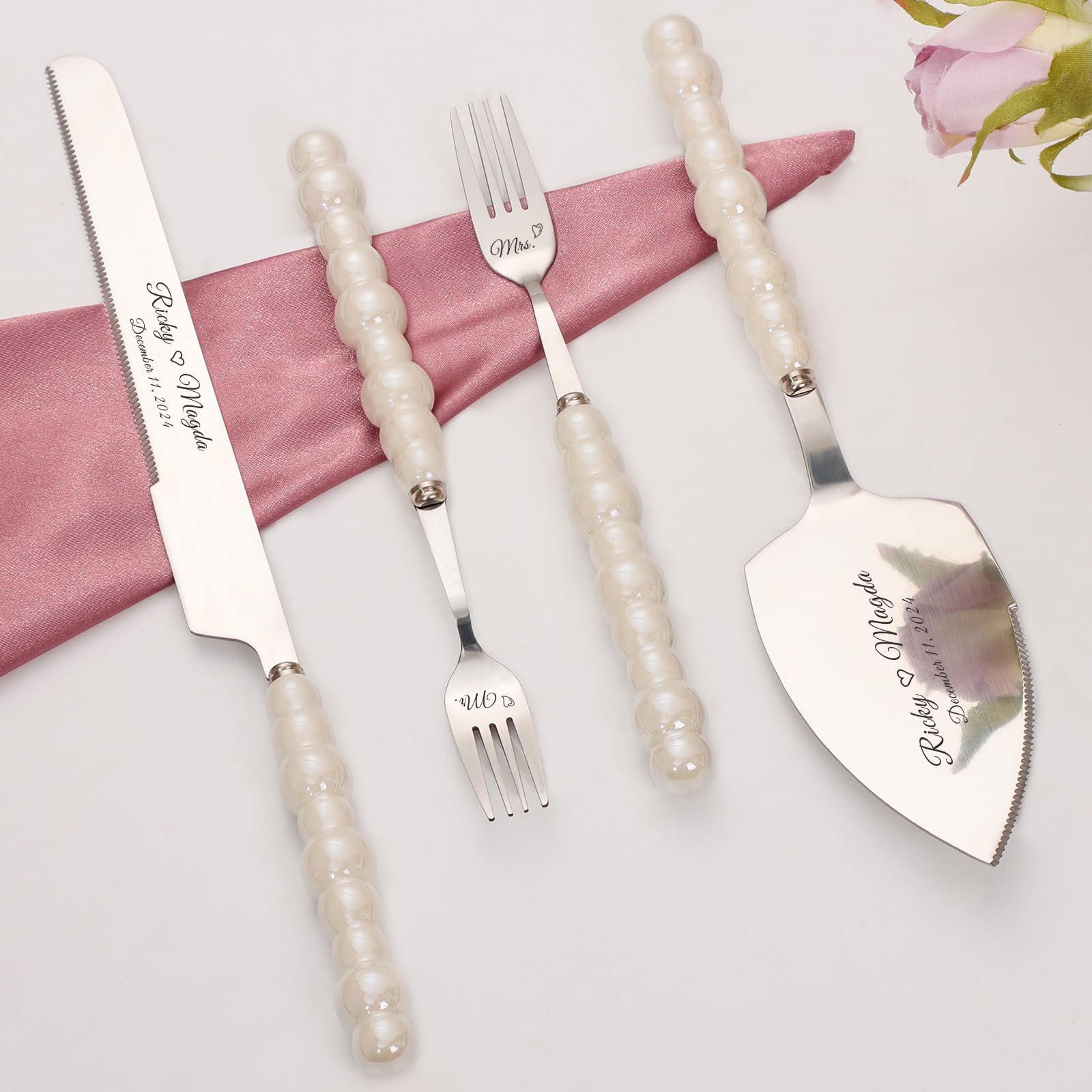 Personalized Cake Cutting Set with Forks - Stainless Steel Pearl Cake Knife & Server with Serrated Edges - Silver Pie Cutter & Pizza Spatula - Perfect for Weddings, Engagements, Birthdays & Special Occasions