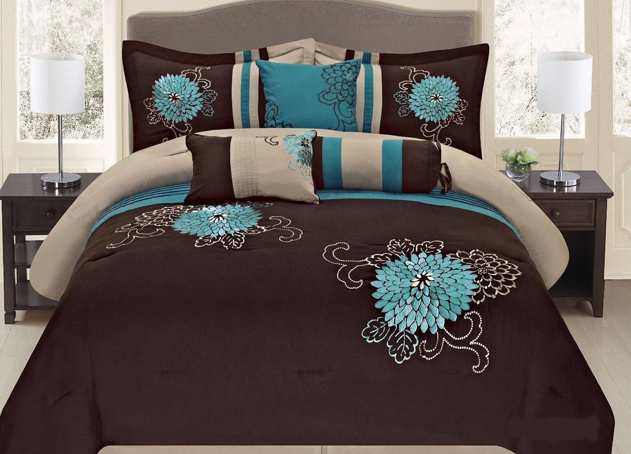 Brown Teal Floral Comforter Set - Full Size Bedding for Cozy Home Decor
