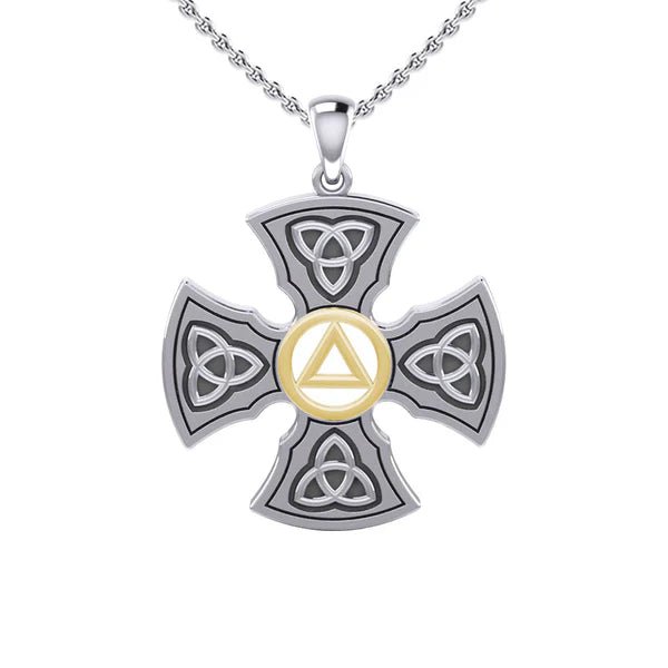 Templar Cross Sterling Silver & 14K Gold Accent Recovery Pendant with AA or NA Symbol - Adjustable Chain for 12-Step Programs & Spiritual Protection