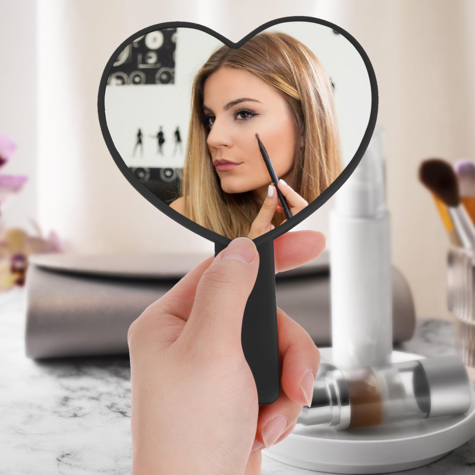 Heart-Shaped Travel Handheld Mirror - Portable Makeup Mirror with Handle for Women, Perfect for Travel, Home, and On-the-Go Touchups (Black)