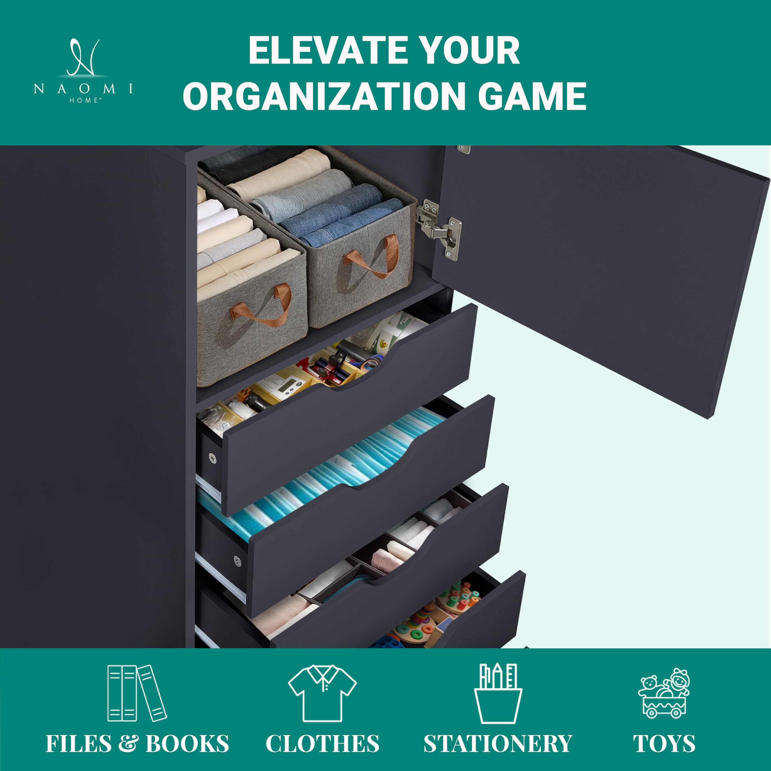 Naomi Home 6-Drawer Rolling File Cabinet with Wheels - Black Office Storage Organizer for Home & Business, Heavy Duty 180 lbs Capacity - Perfect for Desk Storage, Printer Stand & Document Organization
