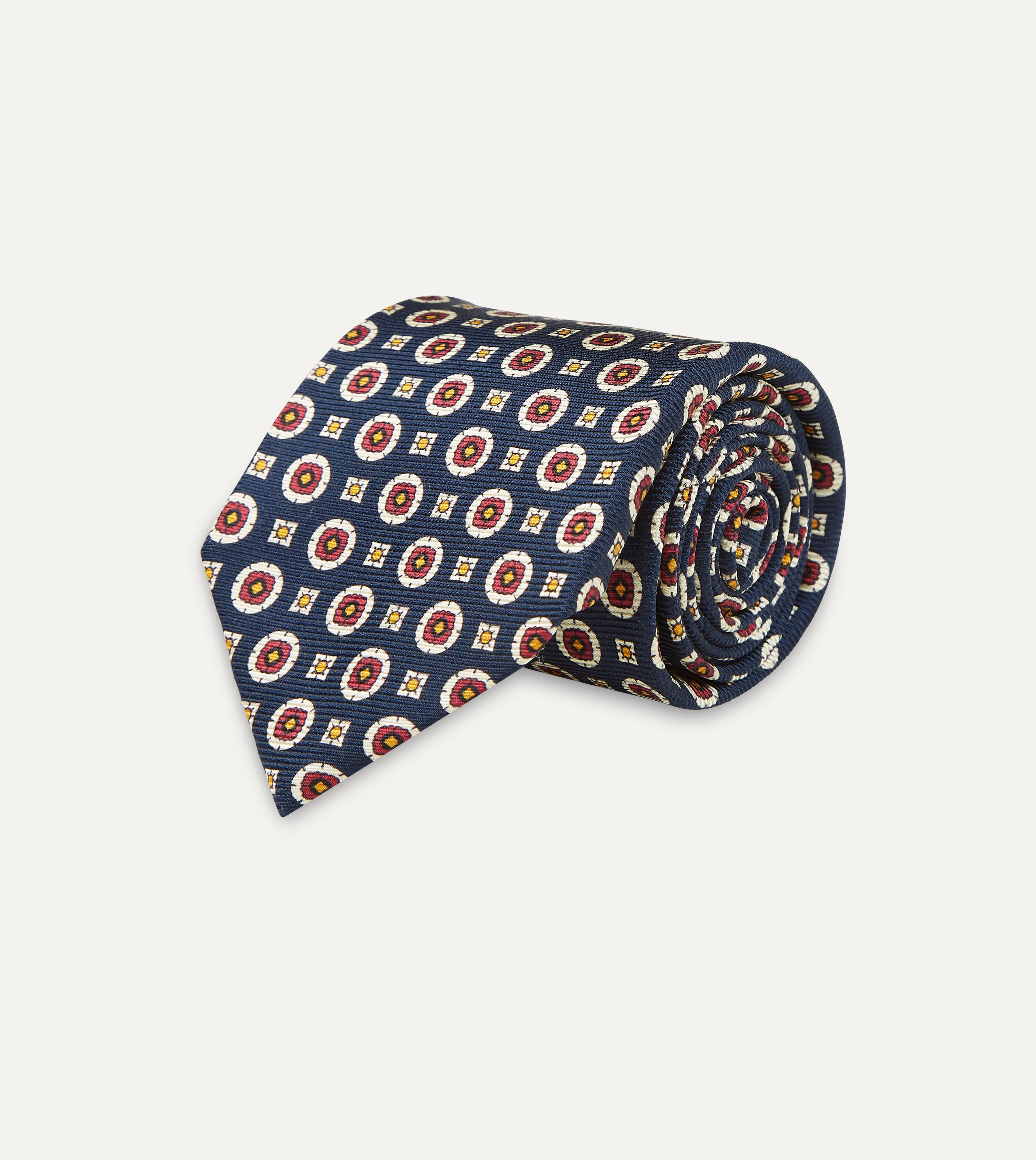 Navy and Red Geometric Medallion Print Silk Foulard Tie for Men - Elegant Necktie for Business, Weddings & Formal Occasions