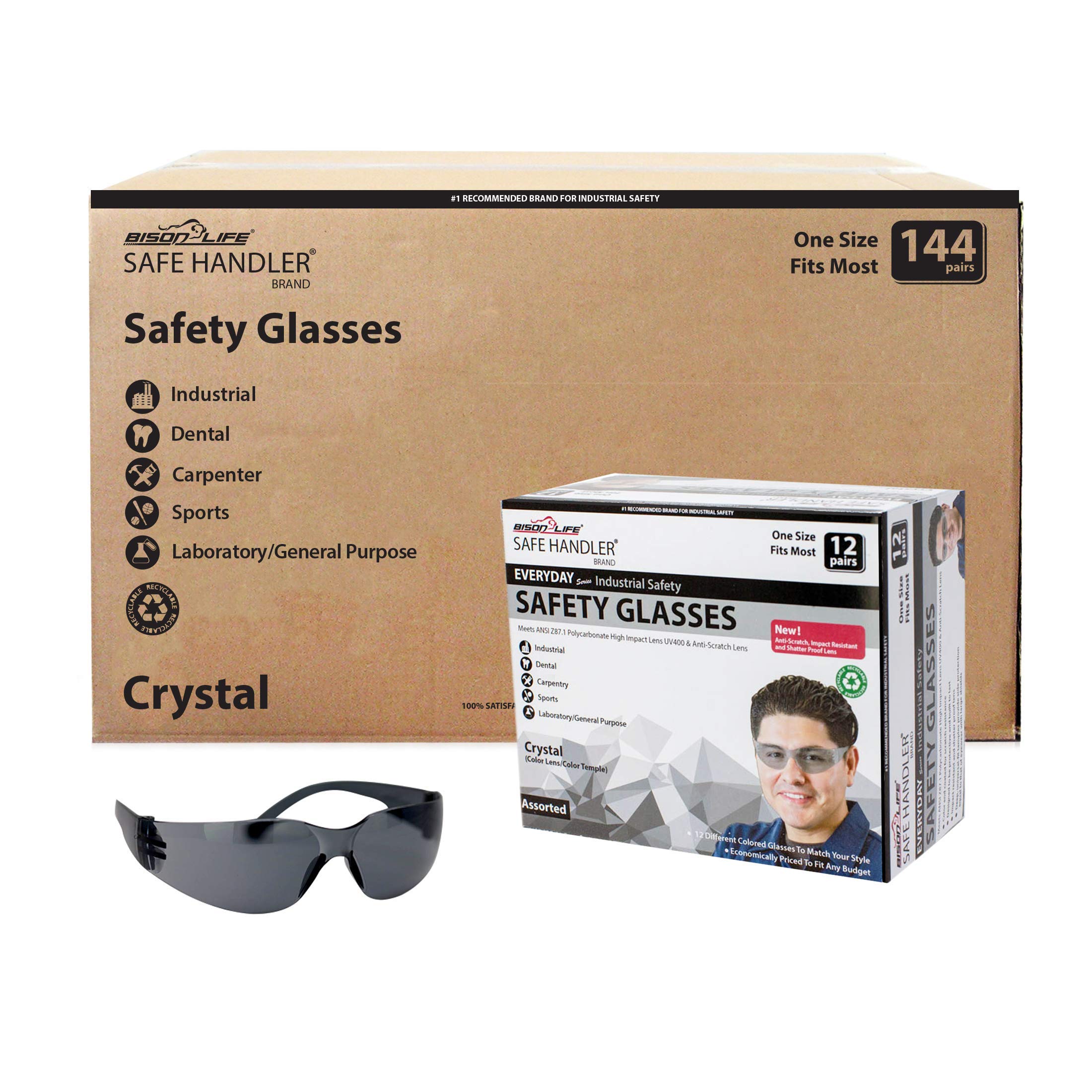 BISON LIFE Full Color Safety Glasses - Black Polycarbonate Lens & Frame (Pack of 12) - One Size Fits Adults & Youth - Ideal for Construction, Lab Work, DIY Projects & Outdoor Activities