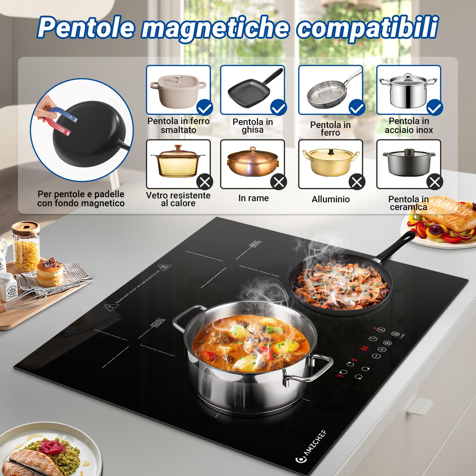 AMZCHEF 60cm 4-Burner Induction Cooktop with Boost Function, 9 Power Levels, Safety Lock, Touch Control, Timer - 7200W for Fast & Efficient Cooking - Perfect for Home Kitchens, Restaurants & Outdoor Use
