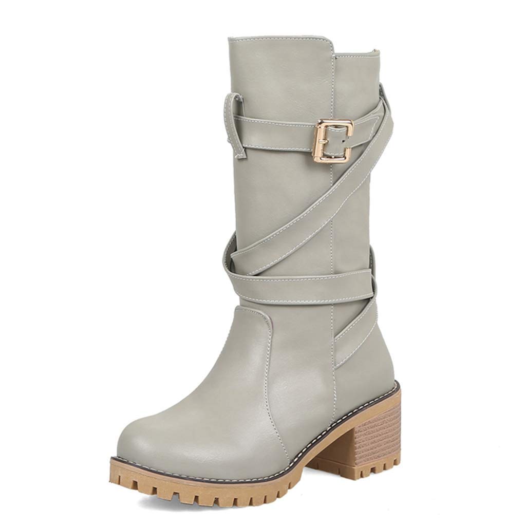 MONSHOW Women's Adjustable Buckle Block Heel Combat Boots - Cowboy Riding Boots Mid Calf Height for Western Fashion & Outdoor Activities