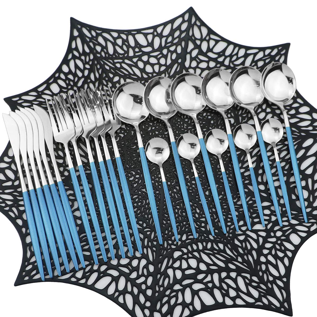 24-Piece Mirror Silverware Set - Premium 304 Stainless Steel Flatware Set with Shiny Finish - Elegant Tableware Cutlery for Home & Restaurant Use - Dishwasher Safe Service for 6 People (Blue/Silver) - Perfect for Dinner Parties, Wedding Gifts & Upscale Dining