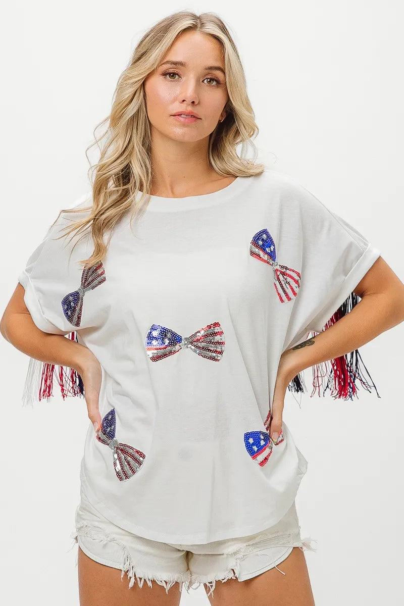 BiBi Patriotic American Flag Sequin Ribbon T-Shirt - Stylish USA Pride Top for Women, Perfect for 4th of July, Memorial Day & Independence Day Celebrations