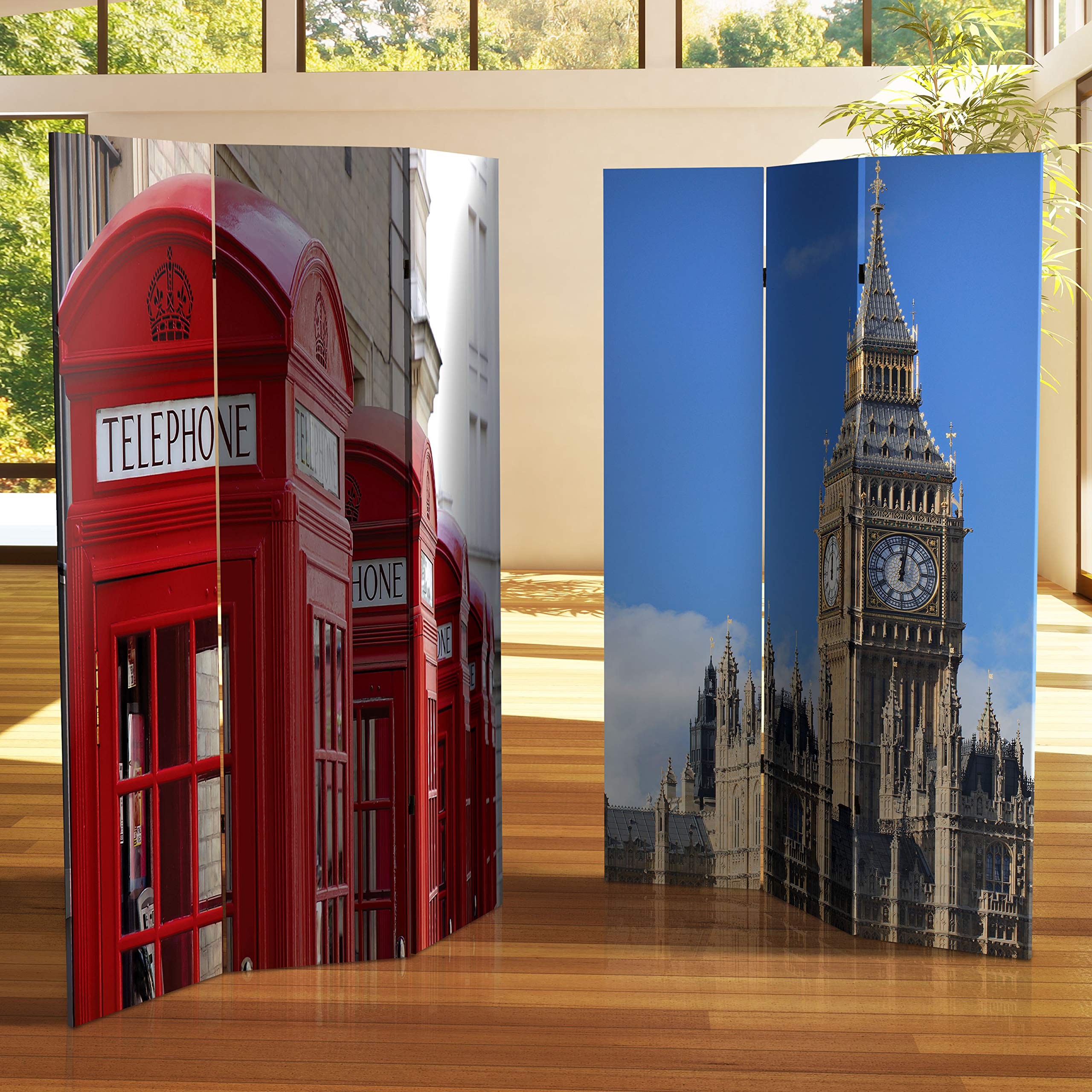 6 ft Tall Double Sided Red Lantern London Room Divider - Big Ben & Phone Booths Design | 71 Inch Height, 3 Panel Wide | Perfect for Home Decor, Office Partition & Themed Events
