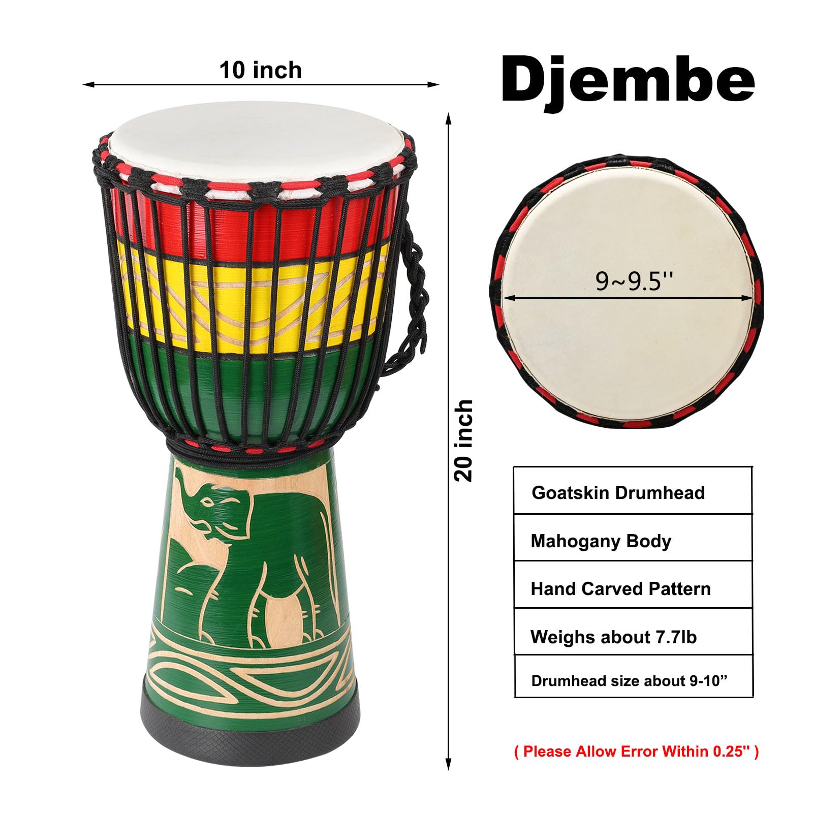 LIEKE 10'' x 20'' African Djembe Drum - Hand Carved Mahogany Wood with Goatskin Head - Professional Quality Percussion Instrument for Adults & Beginners (Green) | Perfect for Music Therapy, Drum Circles, Classroom Learning & Cultural Performances