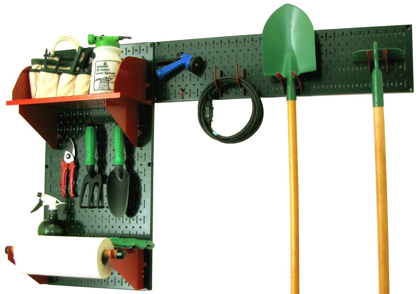 Wall Control Pegboard Garden Tool Organizer Kit - Heavy Duty Green Pegboard with Red Hooks for Garage, Shed & Workshop Storage (Ideal for Organizing Garden Supplies, Tools & Accessories)