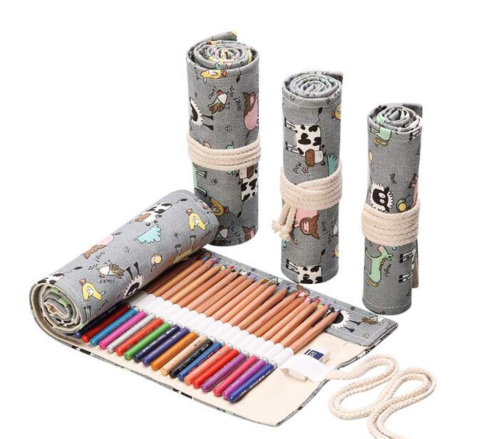 FZBNSRKO 72-Slot Colored Canvas Pencil Case Roll Wrap Holder - Portable Storage Organizer for Students, Artists & Adults (Grey Cow) - Perfect for School, Travel, Art Classes & Coloring Book Enthusiasts