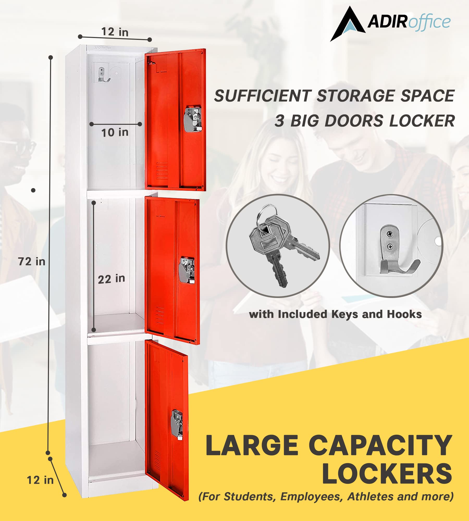AdirOffice 3-Door Large Metal School Locker with Hooks - Heavy Duty Storage Cabinet for School, Office, Garage Organization - Red (Perfect for Backpack Storage, Sports Equipment & Work Tools)