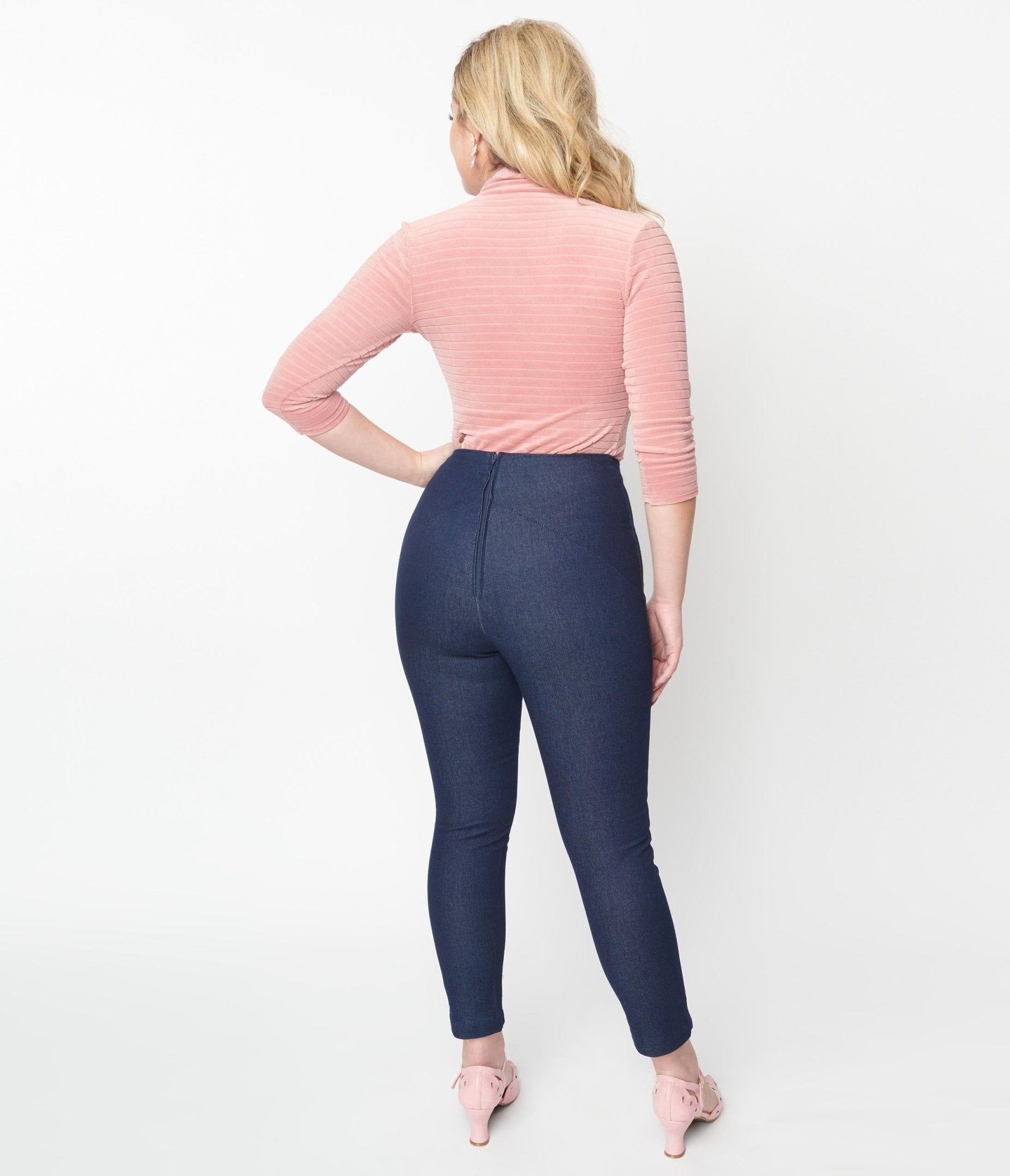 Vintage 1930s Dark Denim High Waist Crop Pants - Retro V-Shape Denim Trousers for Women | Perfect for Themed Parties, Cosplay & Vintage Fashion Outfits