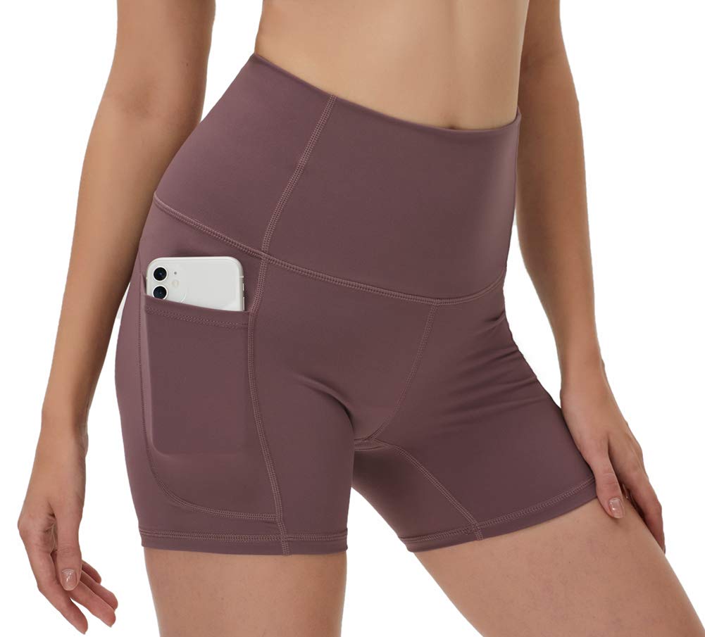 YAKER High Waist Yoga Shorts for Women - 2 Side Pockets & Waistband Pocket - Tummy Control Workout Shorts for Running, Home Exercise & Yoga