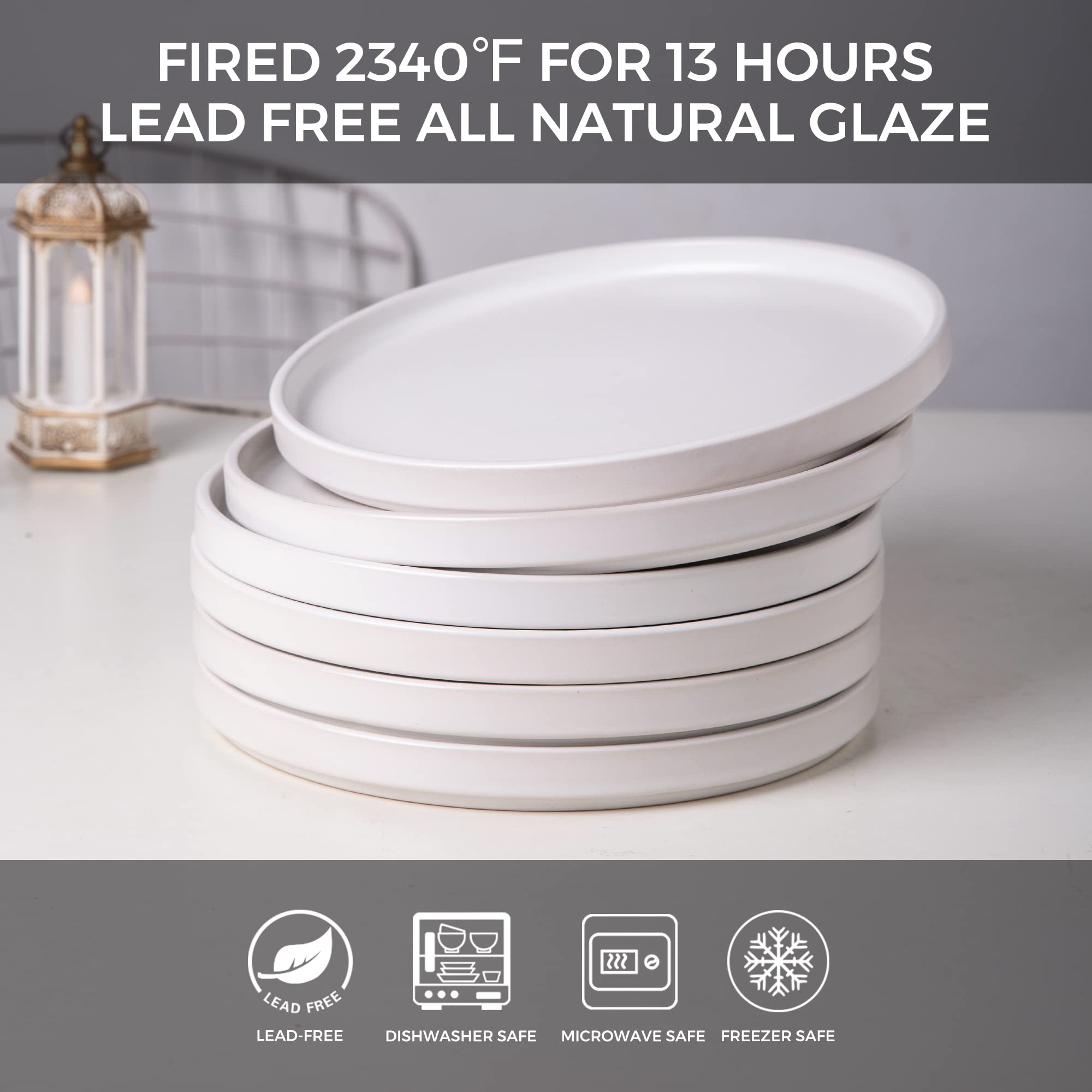 AmorArc 6-Piece Matte White Ceramic Plates Set - 8 Inch for Kitchen, Dining & Entertaining