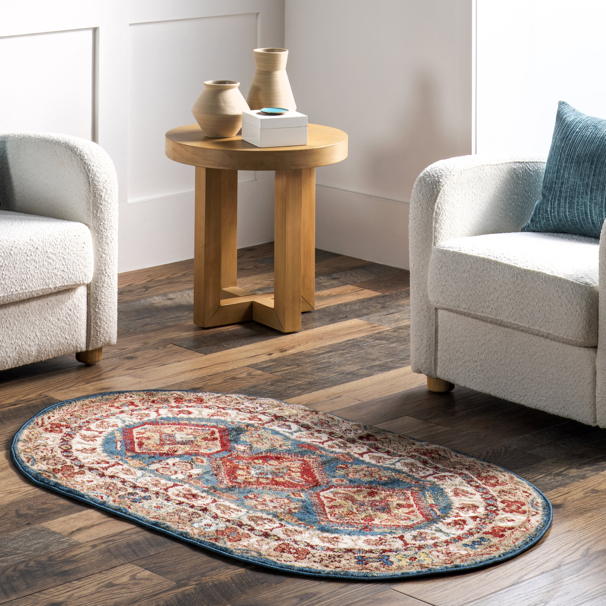 Blue Emblem Fringed Rug - Boho Chic Home Decor for Living Room, Bedroom & Office - Soft & Stylish Area Rug