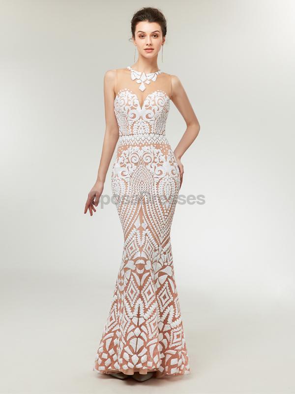 Elegant Illusion Lace Mermaid Long Evening Prom Dress for Women - Formal Party Gown with Sheer Neckline - Perfect for Homecoming, Prom Night & Special Occasions
