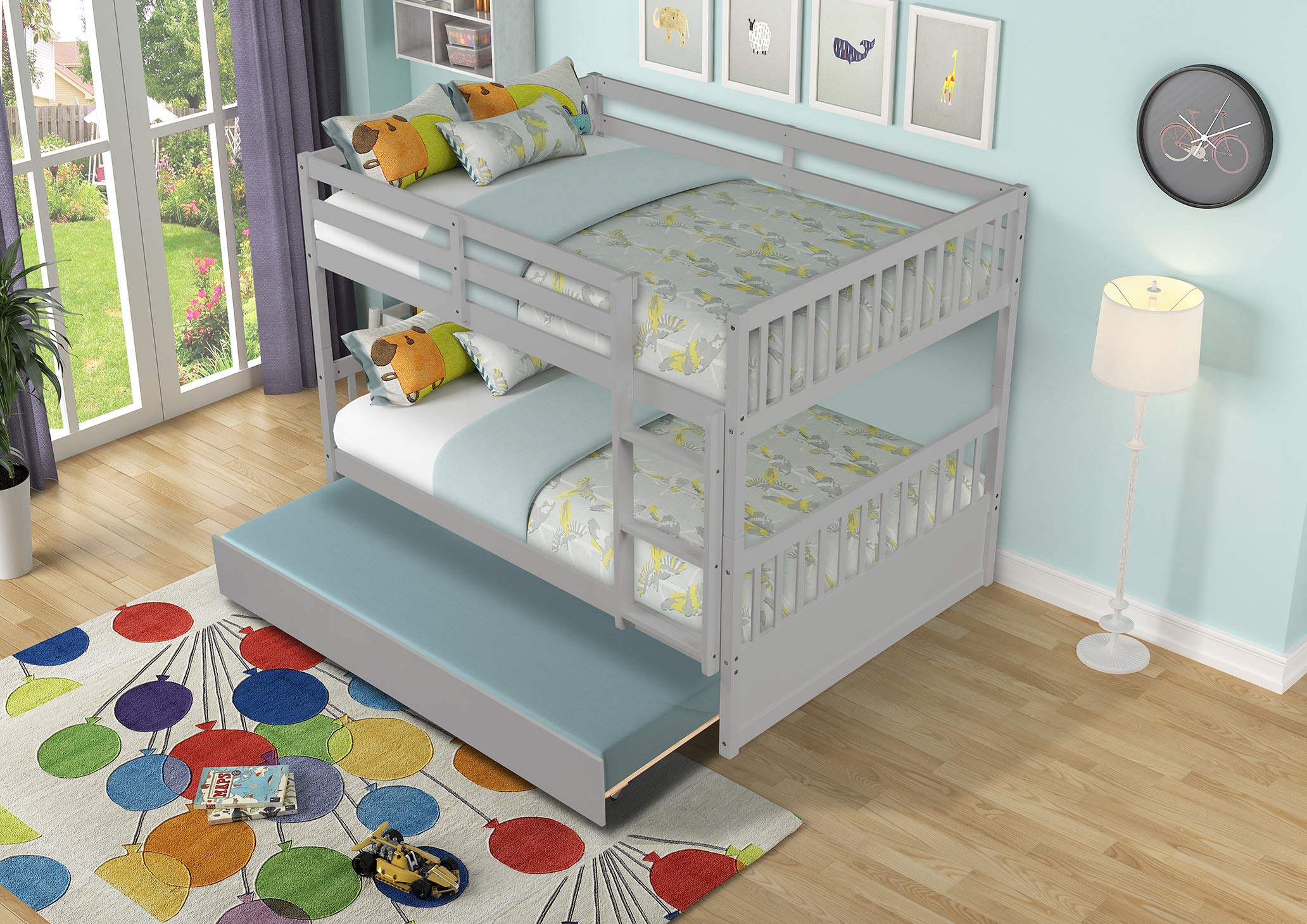 Full Over Full Bunk Bed with Trundle - Converts to 2 Full Size Platform Beds - Sturdy Ladder & Safety Rails for Teens & Adults - Modern Grey Finish - Perfect for Small Spaces, Guest Rooms & Dormitories
