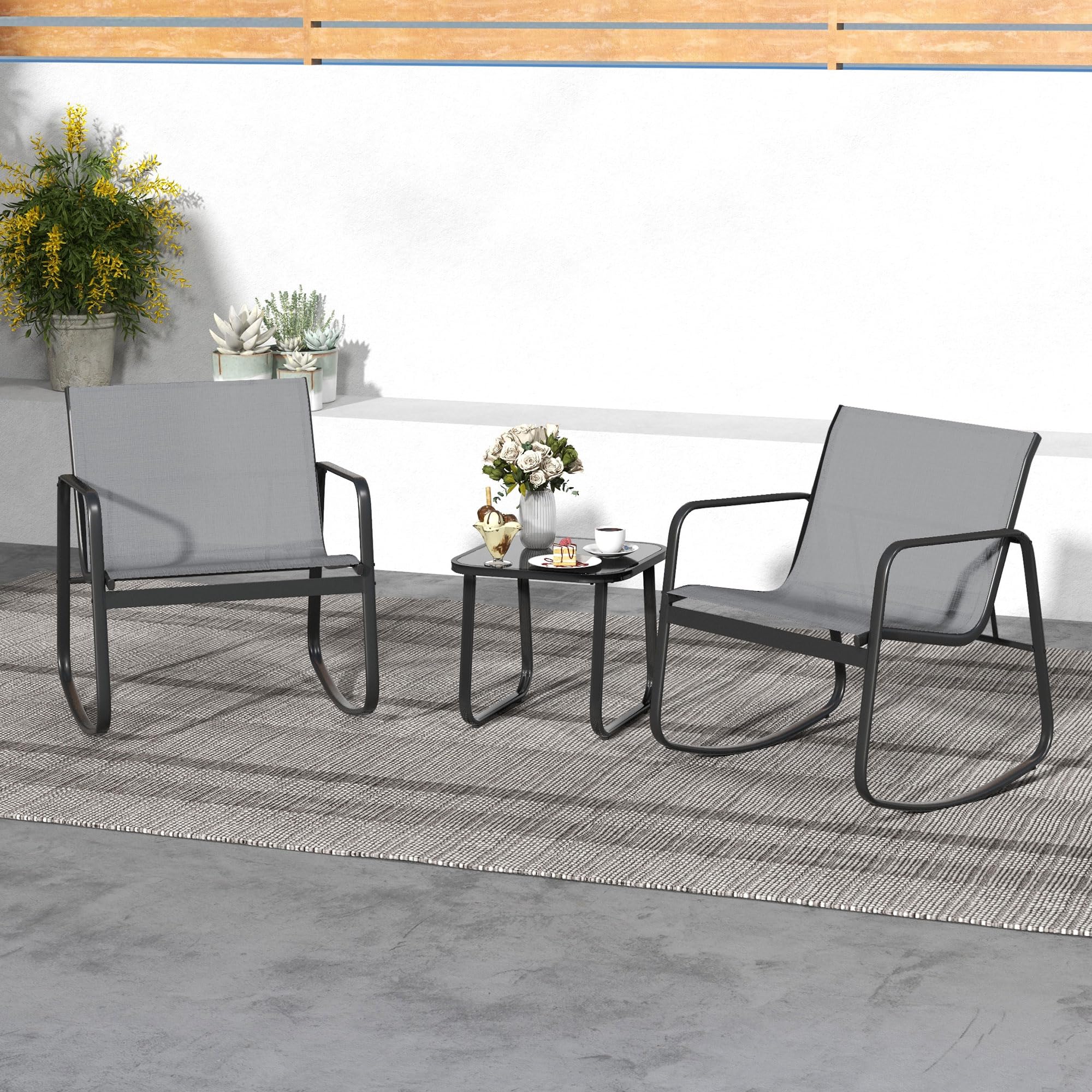 DWVO 3-Piece Outdoor Patio Furniture Set - Modern Textilene Bistro Set with 2 Chairs & Coffee Table for Backyard, Garden, Balcony, Poolside (Grey) | Perfect for Relaxing, Entertaining & Outdoor Dining