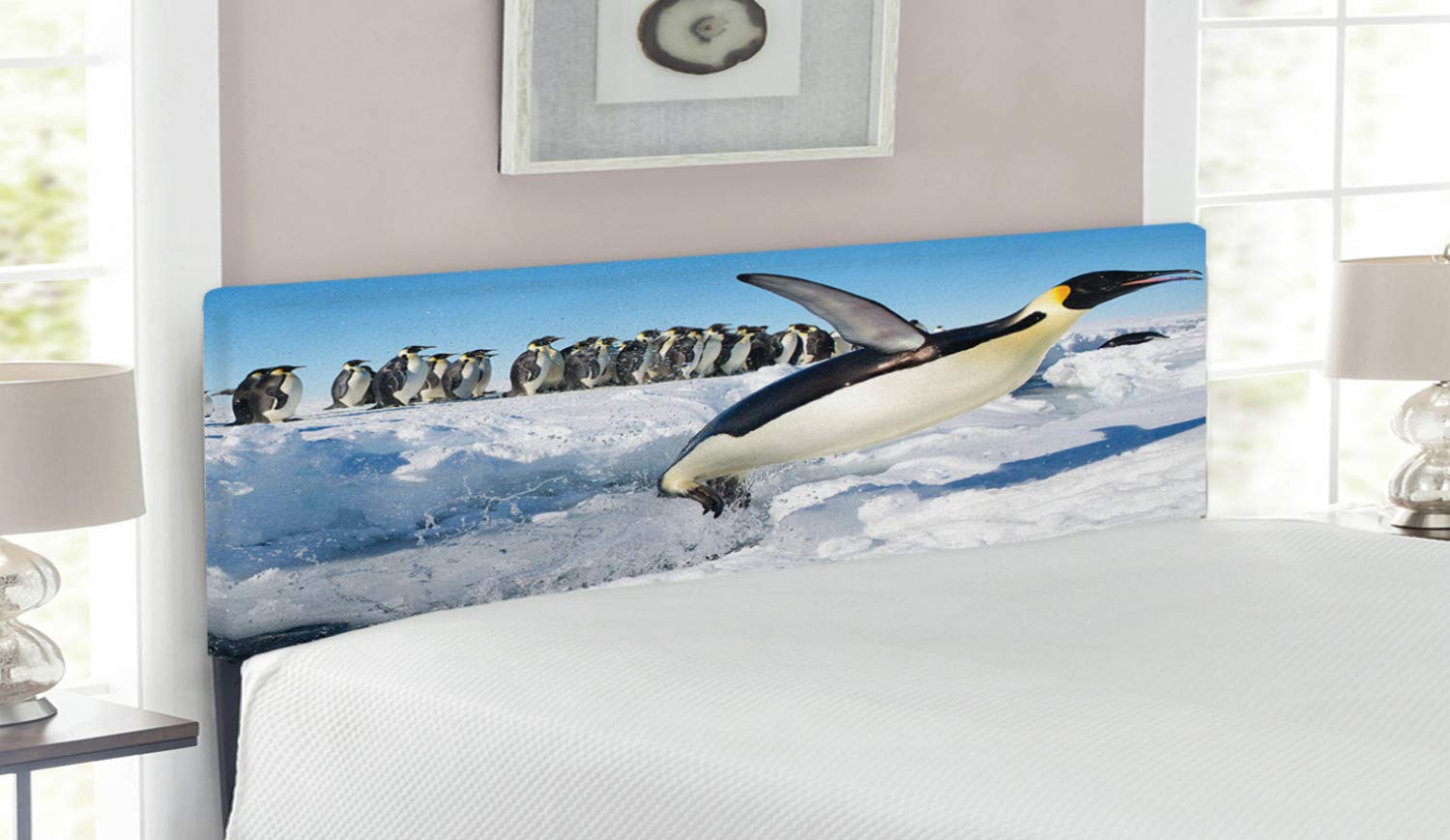Ambesonne Penguin Design Upholstered Headboard - Queen Size Memory Foam Bed Headboard with Wildlife Antarctic Scene | Perfect for Kids' Rooms, Nursery Decor & Penguin-Themed Bedrooms