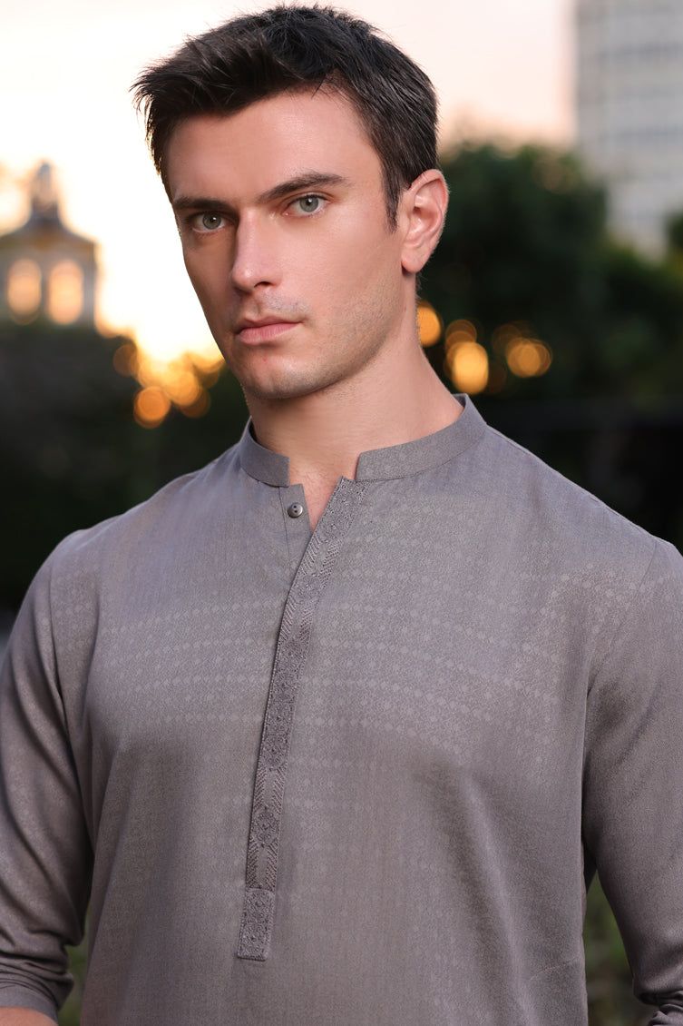Blended Grey Kurta by J. Junaid Jamshed - Premium Cotton Pakistani Traditional Wear for Men - Perfect for Eid, Weddings & Casual Outings