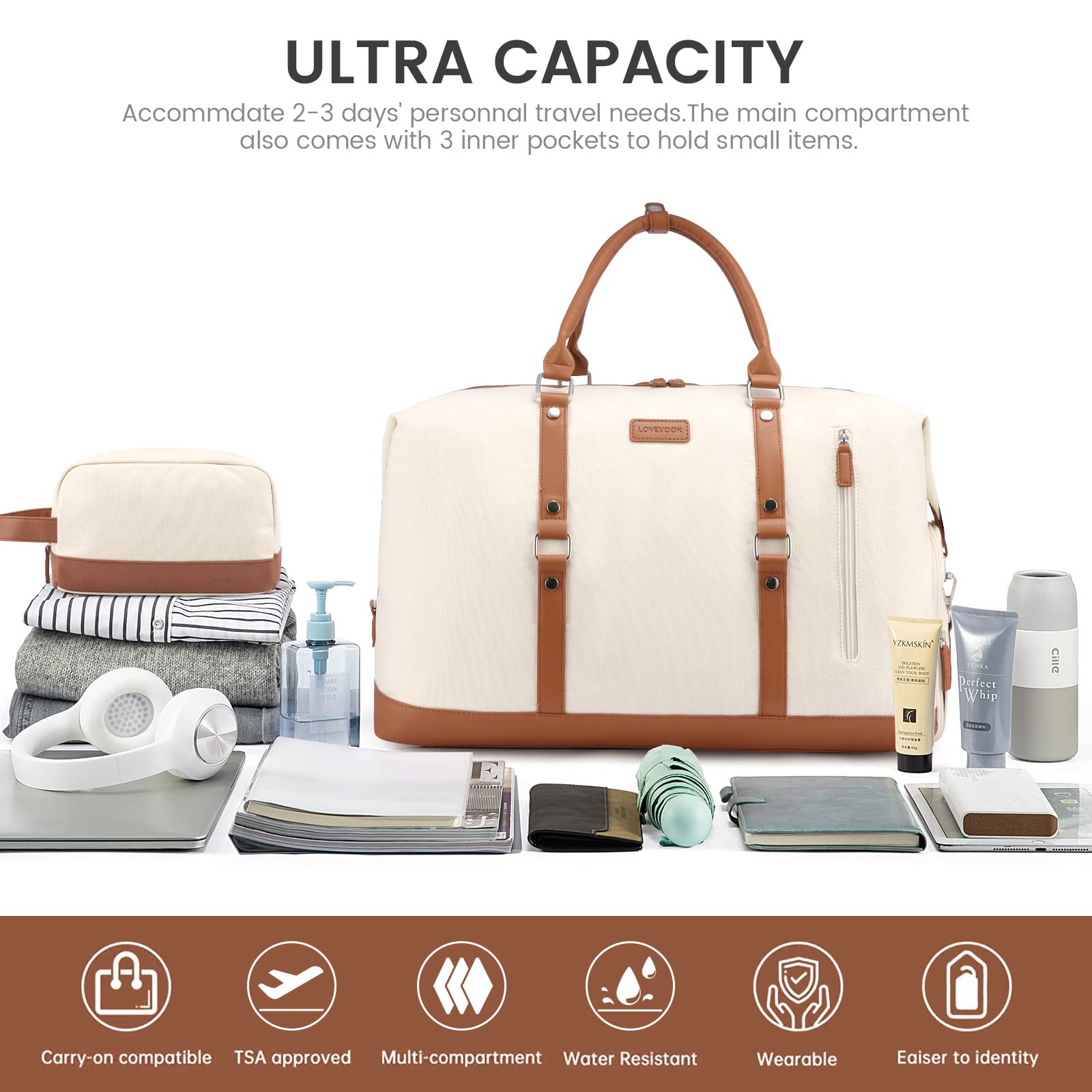 LOVEVOOK Women's Large Capacity Canvas Travel Duffel Bag - Carry On Overnight Weekender Tote with Shoe Compartment | Perfect for Weekend Getaways, Gym, Business Trips & Airplane Travel