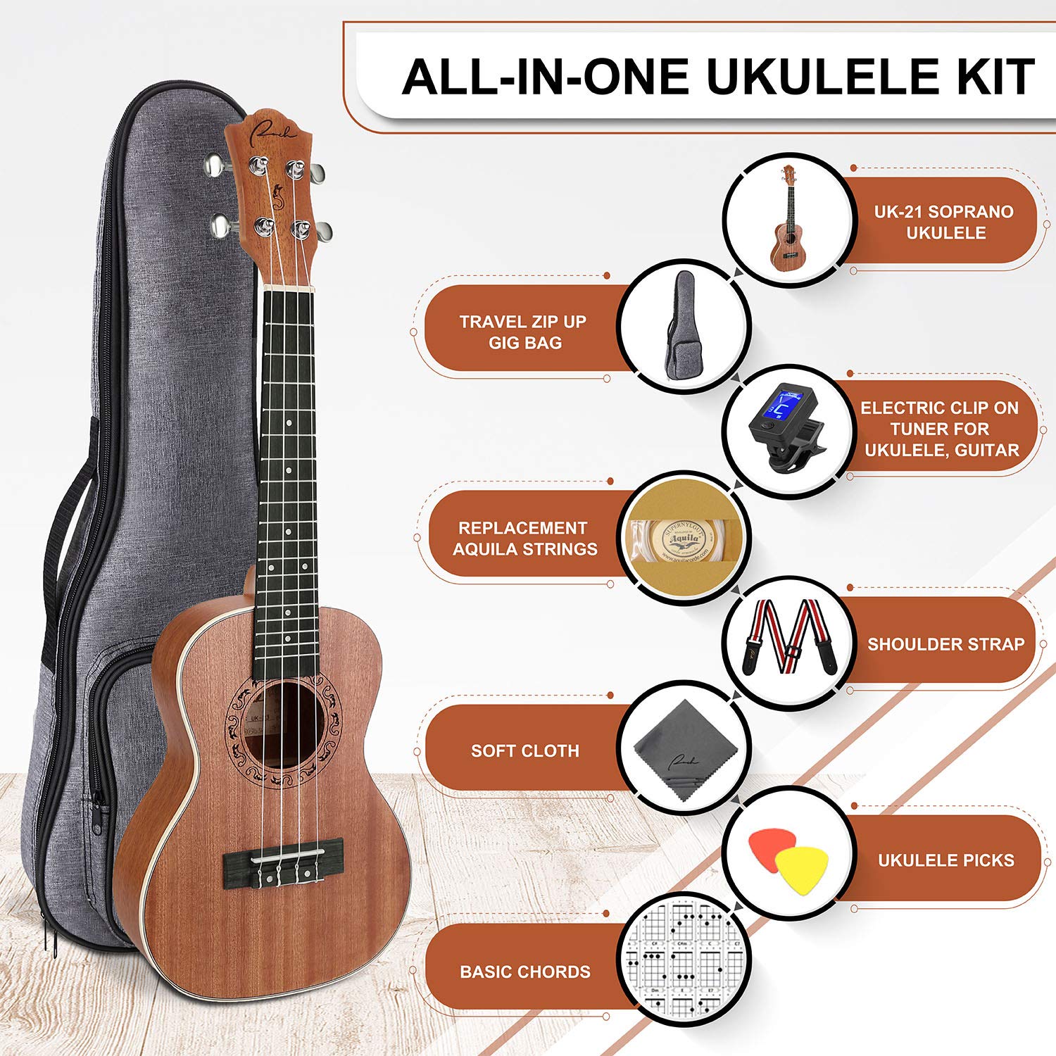 Professional 21 Inch Soprano Ukulele Kit - Hawaiian Wooden Ukelele with Gig Bag, Tuner, Strap & Aquila Strings | Includes 12 Online Lessons | Perfect for Beginners, Travel & Beach Performances