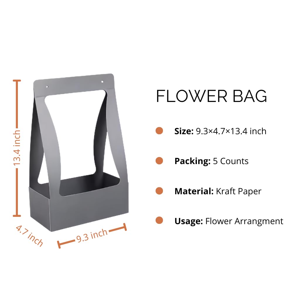 Florist Gift Bags with Handles - 5 Pcs Gray Craft Paper Bouquet Packaging for Weddings & Gifts