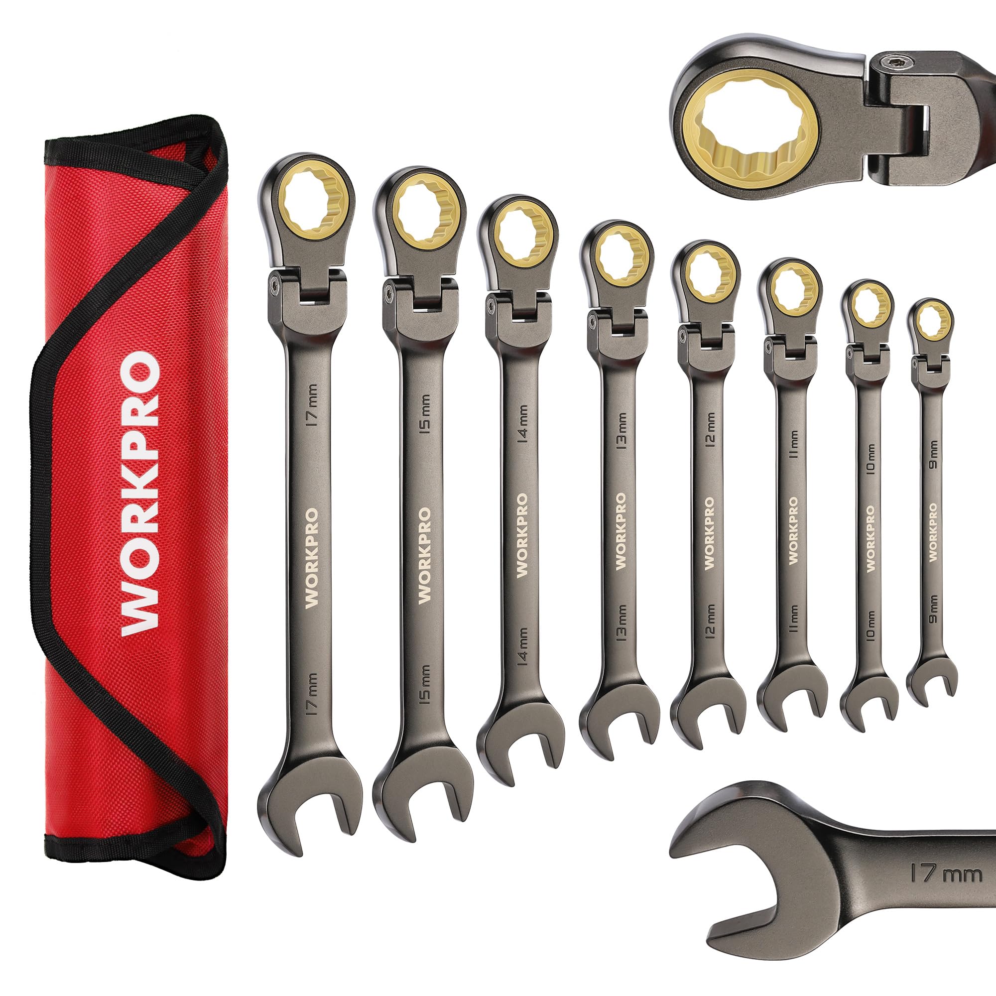 WORKPRO 8-Piece Flex-Head Ratcheting Combination Wrench Set - Metric 9-17mm, 72-Tooth, Chrome Vanadium Steel, Nickel Plated - Perfect for Automotive Repair, DIY Projects & Home Maintenance with Convenient Storage Bag