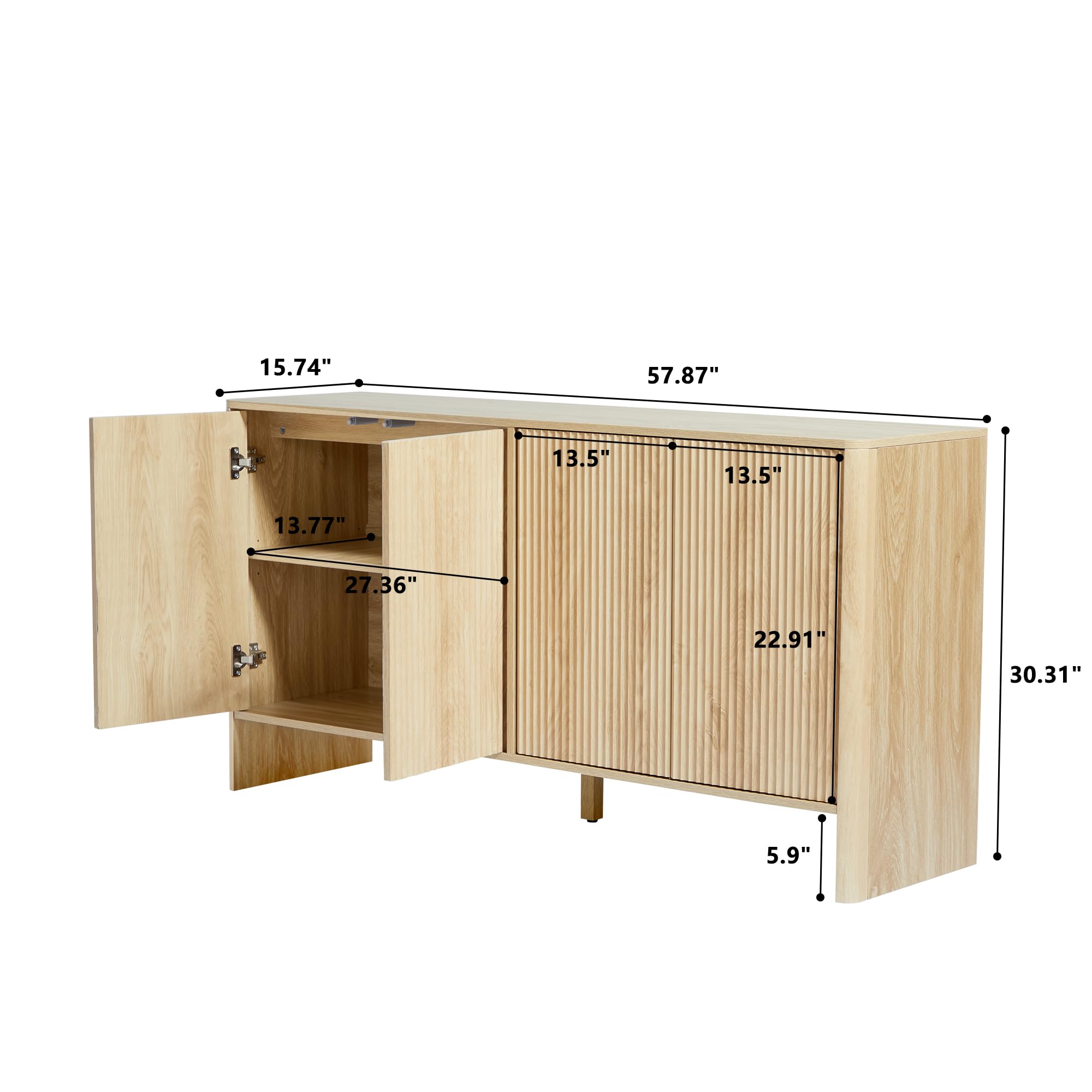 Modern Sideboard Buffet Cabinet with 4 Fluted Doors & Adjustable Shelves - Solid Wood Storage Credenza for Dining Room, Kitchen, Living Room & Entryway - Perfect for Entertaining, Displaying Decor & Organizing Dishes (Natural Finish)