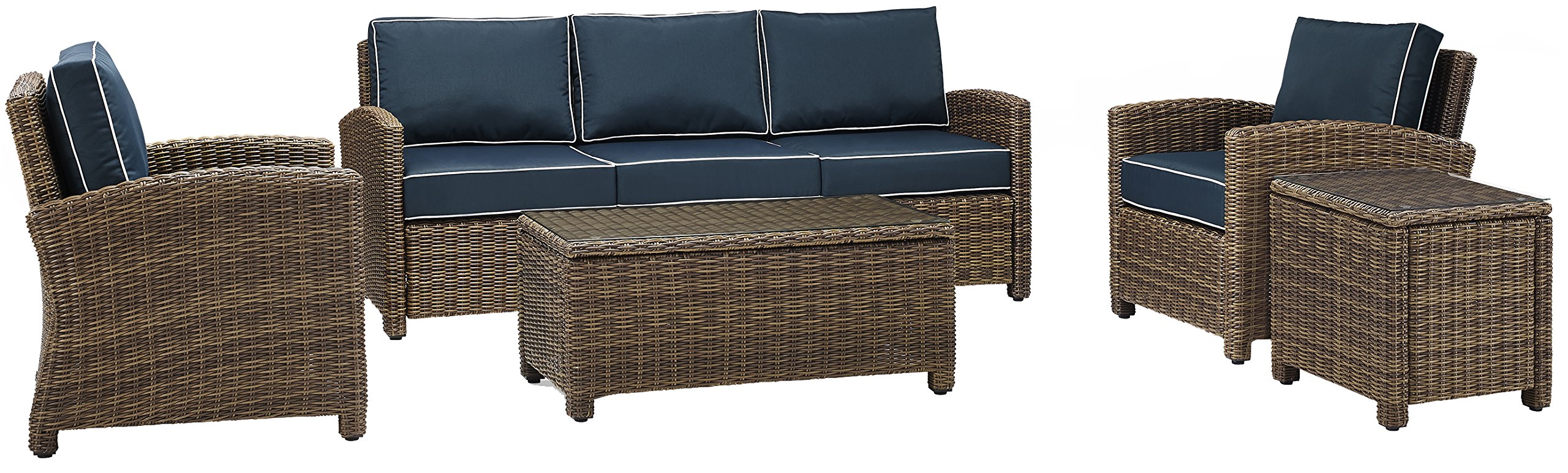 Crosley Bradenton 5-Piece Outdoor Wicker Sofa Set with Navy Cushions - Patio Furniture Conversation Set for Porch, Deck & Backyard (Brown)