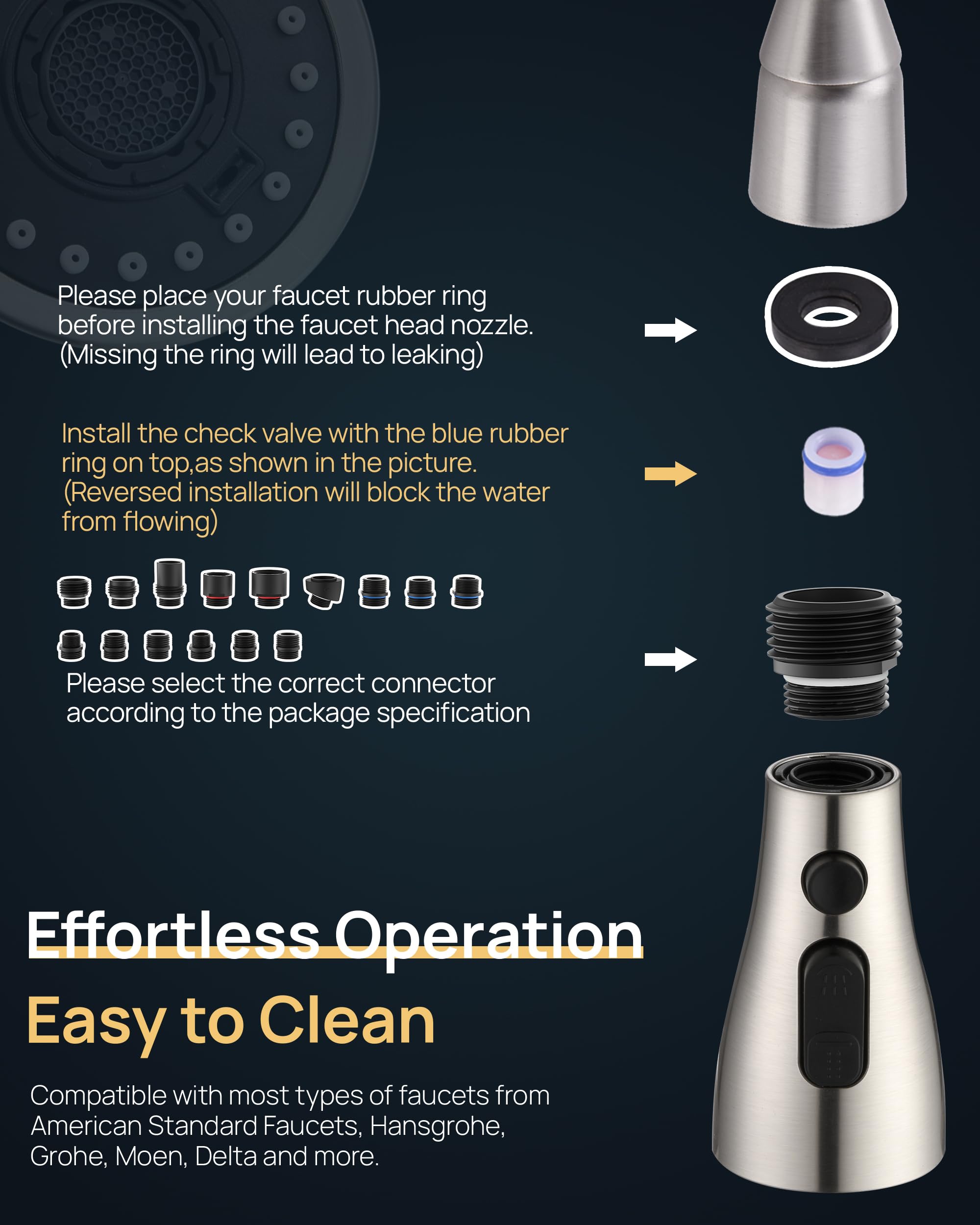J-HVA Pull Down Kitchen Faucet Sprayer Head Replacement with 15 Adapters - 3 Function Pull Out Sink Sprayer Nozzle, Brushed Nickel - Perfect for Kitchen Sink Faucet Repair & Upgrade, Dish Washing & Food Prep