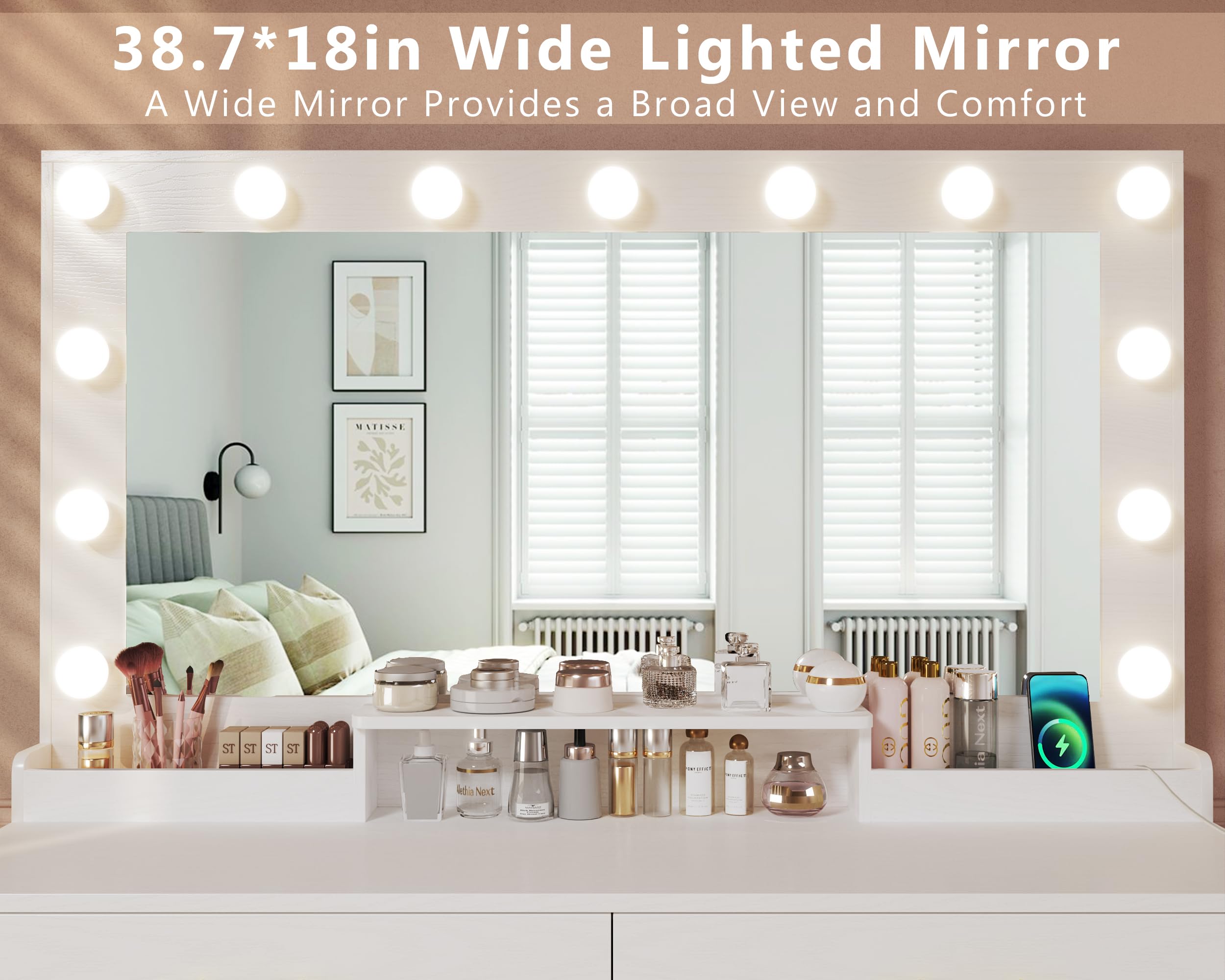 White Makeup Vanity Desk with LED Lights & Large Mirror - Adjustable 3-Color Lighting, Power Outlets & Spacious Drawers - Perfect Dressing Table for Bedroom, Beauty Salon, or Home Studio