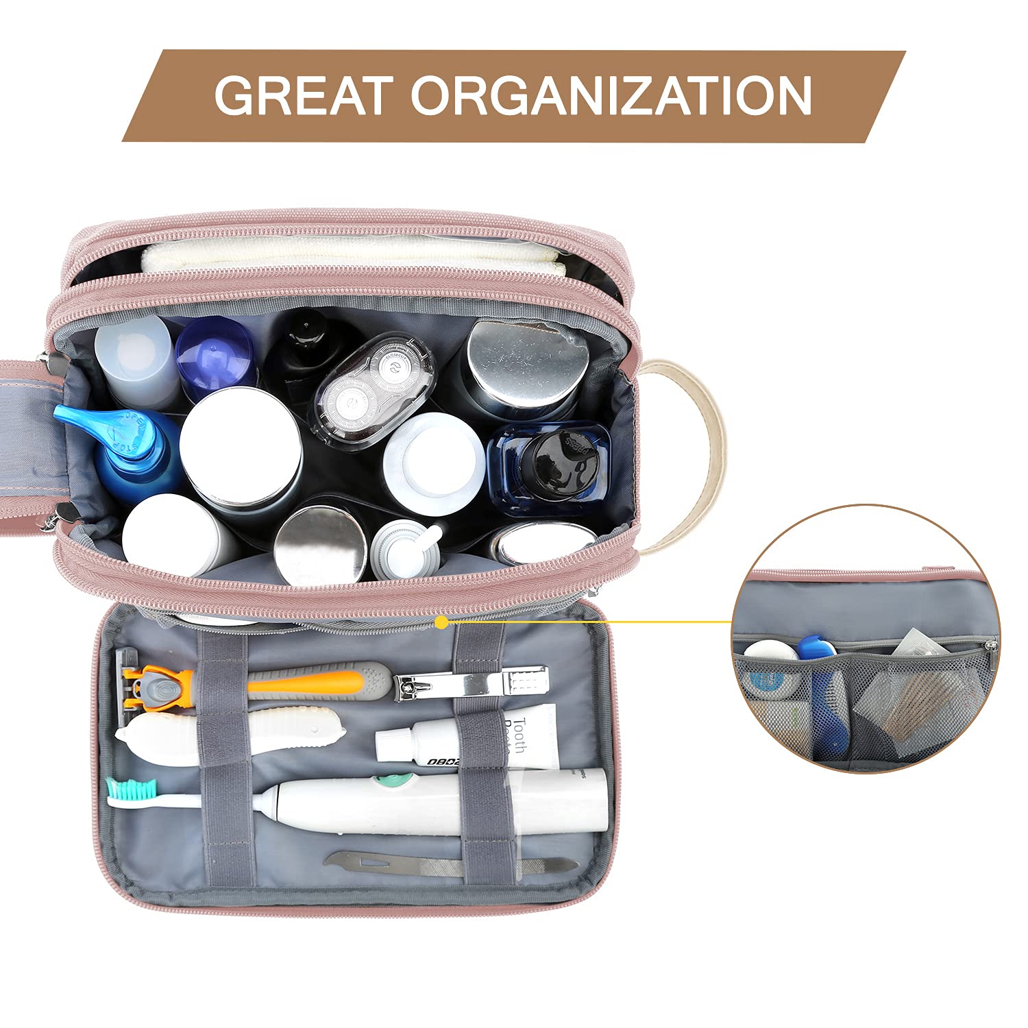 BAGSMART Waterproof Travel Toiletry Bag for Women - Pink Medium Cosmetic Makeup Organizer with Multiple Pockets | Perfect for Vacation, Gym, Business Trips & Daily Essentials Storage