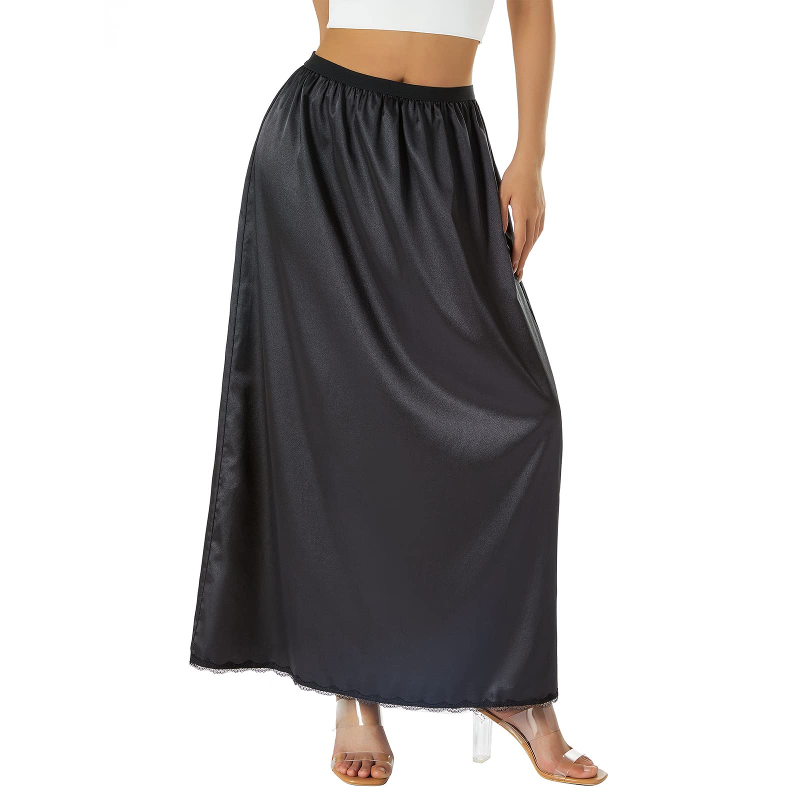 FULA-bao Women's Satin Half Slip - Long Underskirt Dress Extender with Lace Trim - Maxi Skirt for Under Dresses - Perfect for Formal Events, Weddings & Everyday Wear