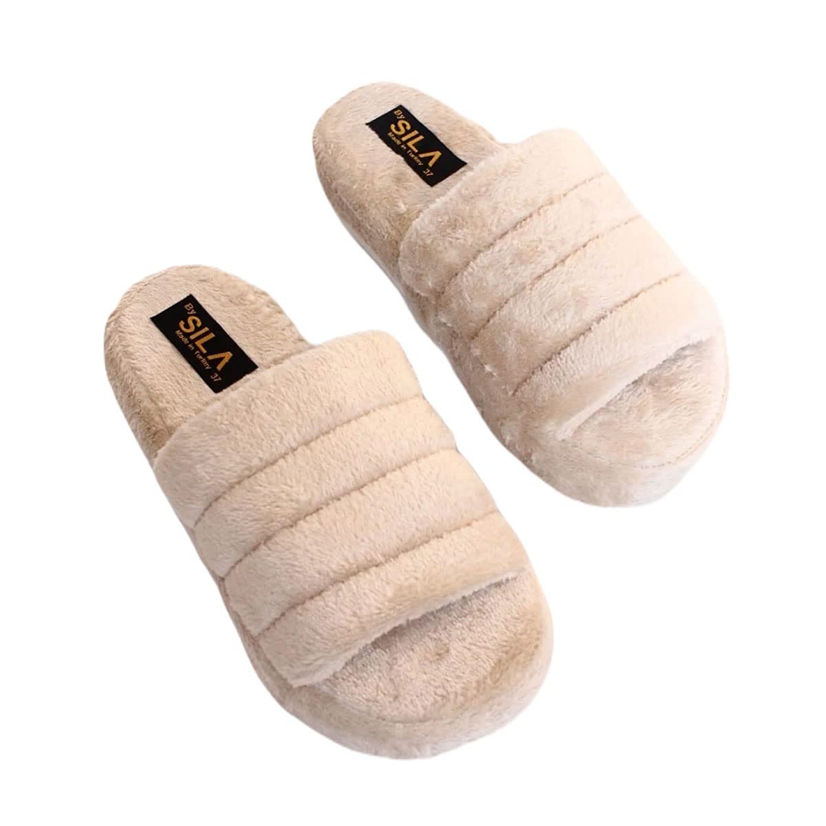 Breathable Soft Faux Rabbit Fur Open Heel Slippers for Women with Memory Foam - Comfortable Indoor Outdoor House Slippers (Size 5-10) - Perfect for Lounging at Home, Running Errands & Cozy Gift Giving