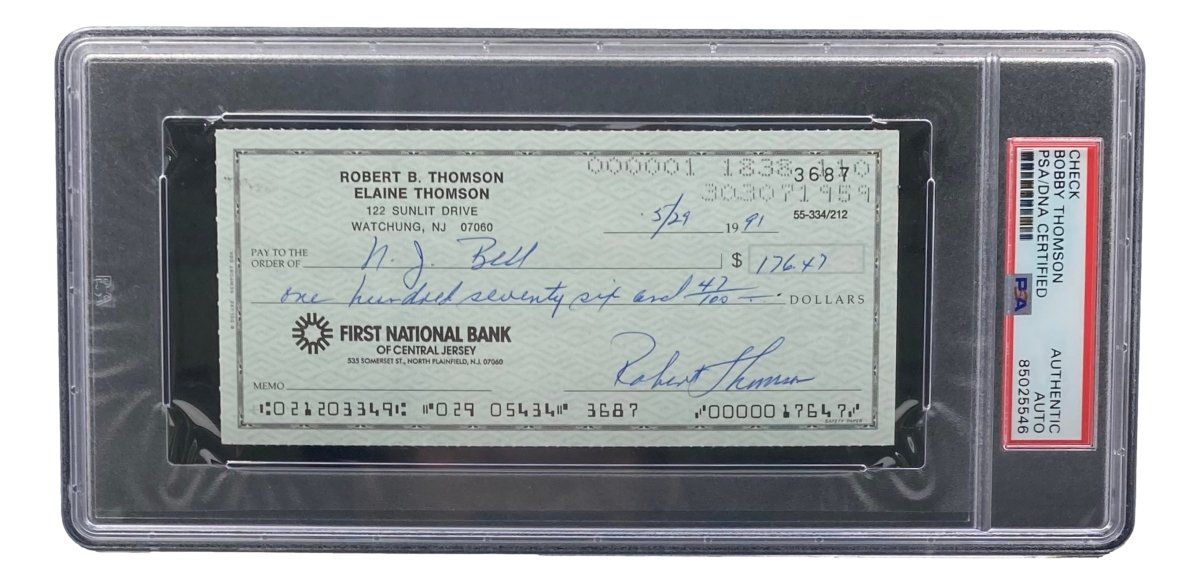 Authentic Bobby Thomson New York Giants Signed Bank Check with PSA/DNA Certification 85025546 - Perfect for Sports Memorabilia Collectors and Baseball Fans