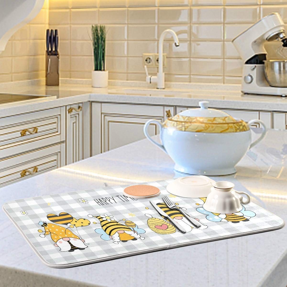 Bees Gnome Microfiber Dish Drying Mat 16x18 - Fast Absorbent Kitchen Counter Mat for Dishes (Grey Buffalo Plaid) - Perfect for Countertop Protection