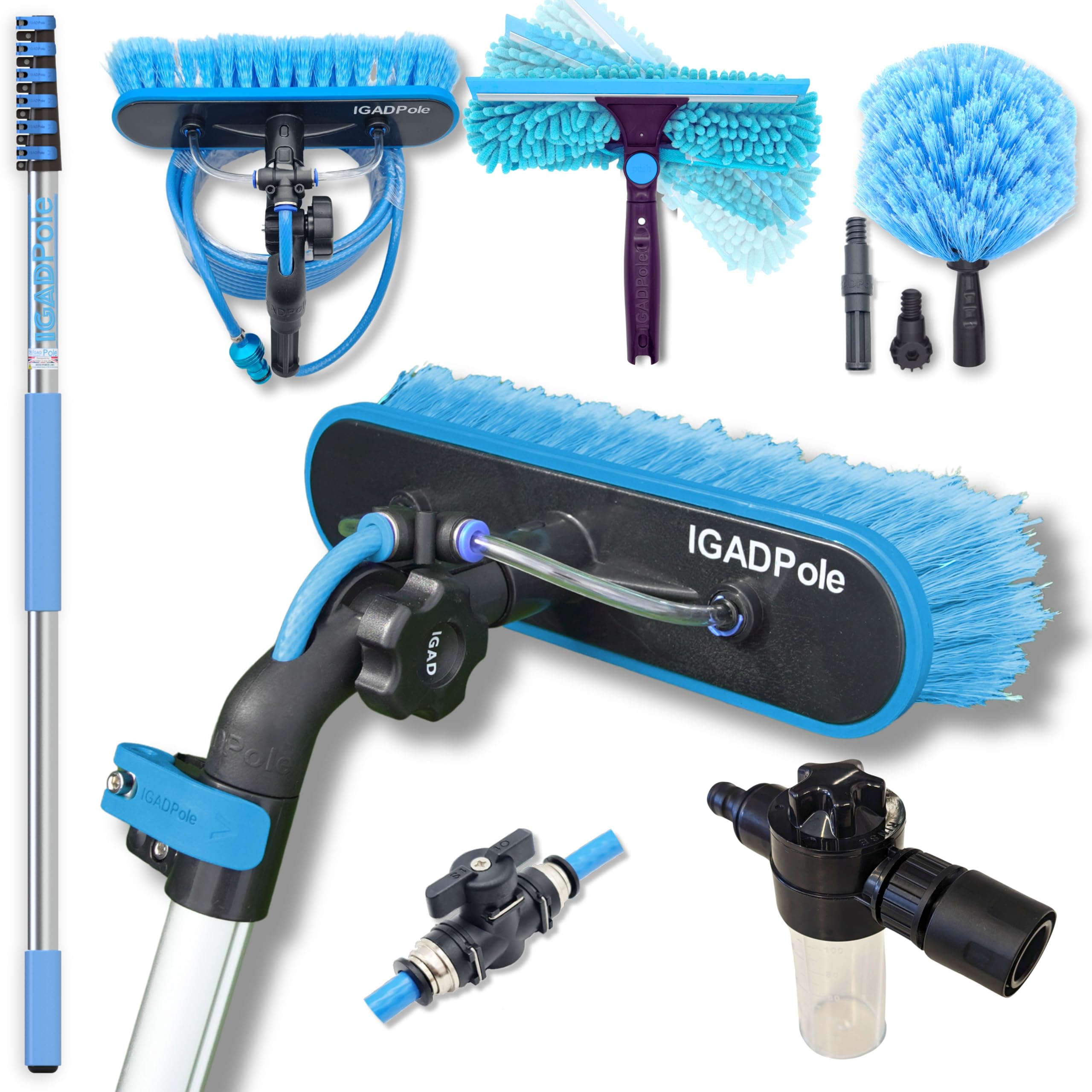 24ft IGADPole Window Washing Kit - 6-Stage Telescoping Pole (5-24ft), Water-fed Brush, Cobweb Duster, 10” Squeegee & Soap Dispenser for Professional Window Cleaning - Perfect for High-Rise Buildings, Residential Homes & Commercial Properties