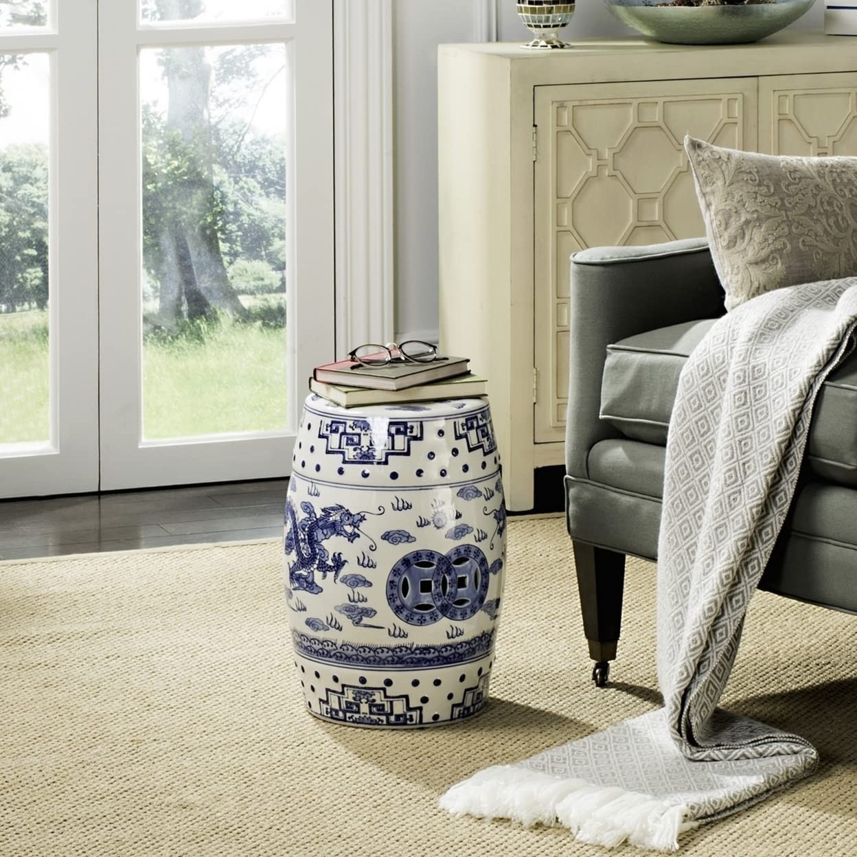 Safavieh Dragon's Breath Chinoiserie Ceramic Garden Stool - Blue Cloud 9 Koi Fish Design - Handcrafted Decorative Outdoor & Indoor Furniture - Perfect for Patio, Living Room, or Asian-Inspired Home Decor