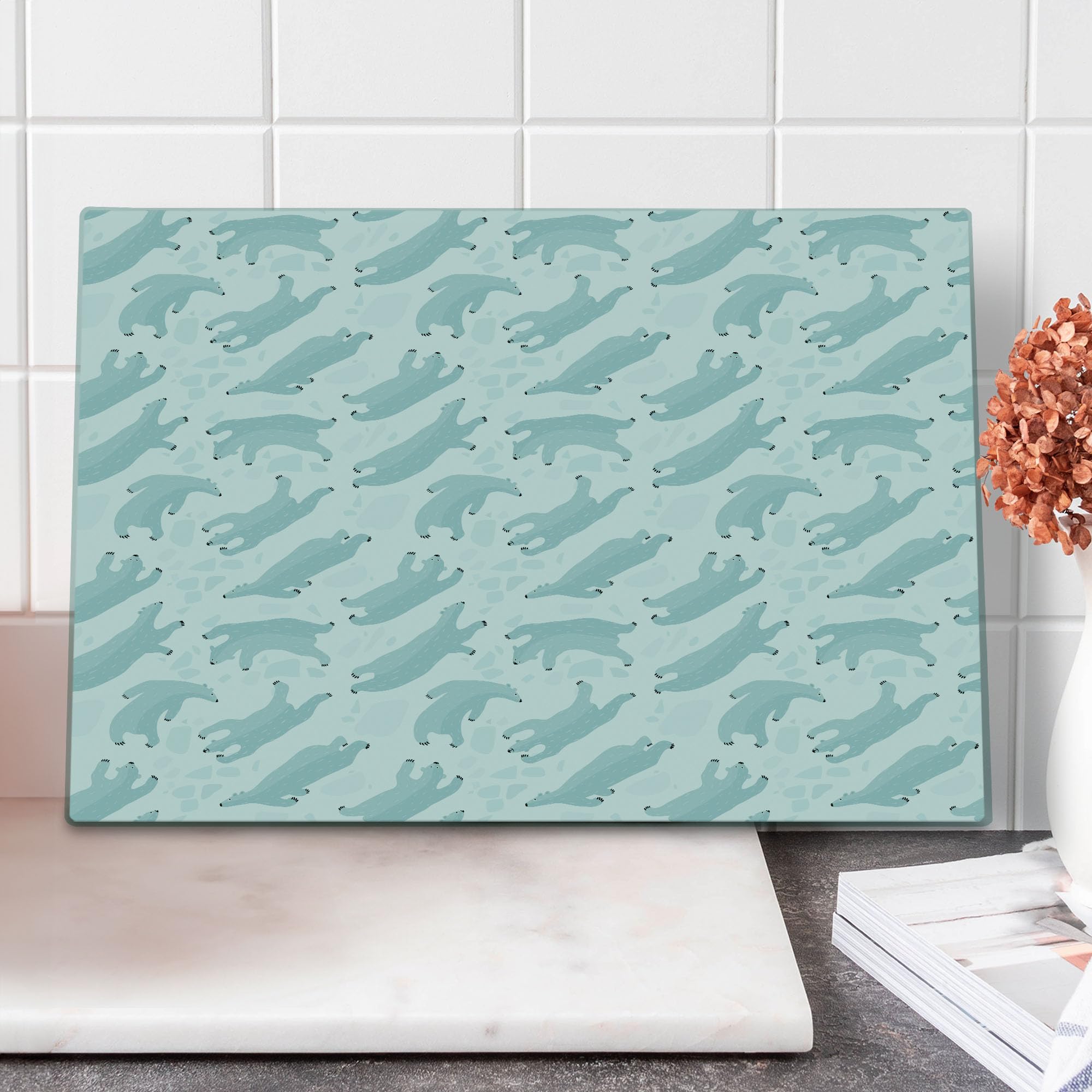 Ambesonne Polar Bear Tempered Glass Cutting Board - Large Decorative Serving Tray with Hand-Painted Arctic Winter Scene - Almond Green & White - Perfect for Kitchen Prep, Charcuterie Boards & Holiday Entertaining